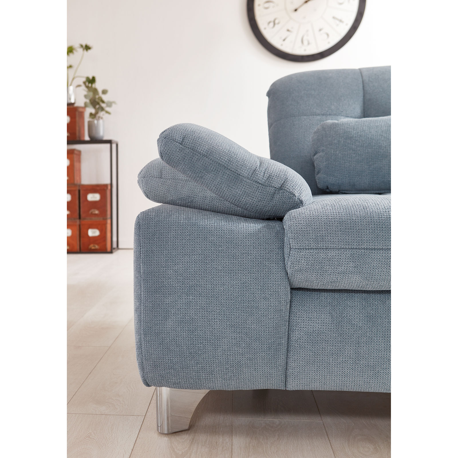 polsterpower Ecksofa - blau - mit Funktionen - Anstellhocker rechts