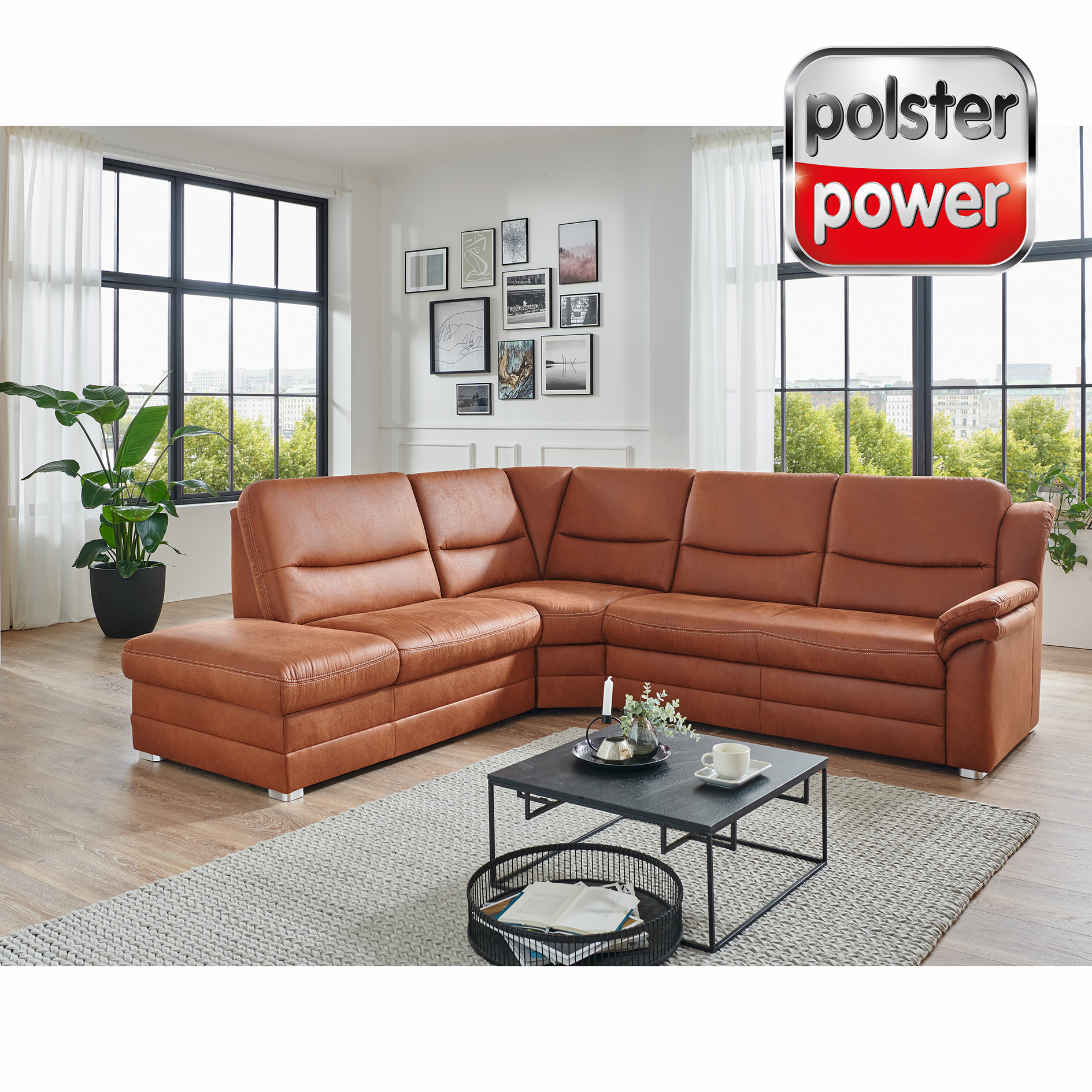 polsterpower Ecksofa - braun - Basismodell - Anstellhocker links