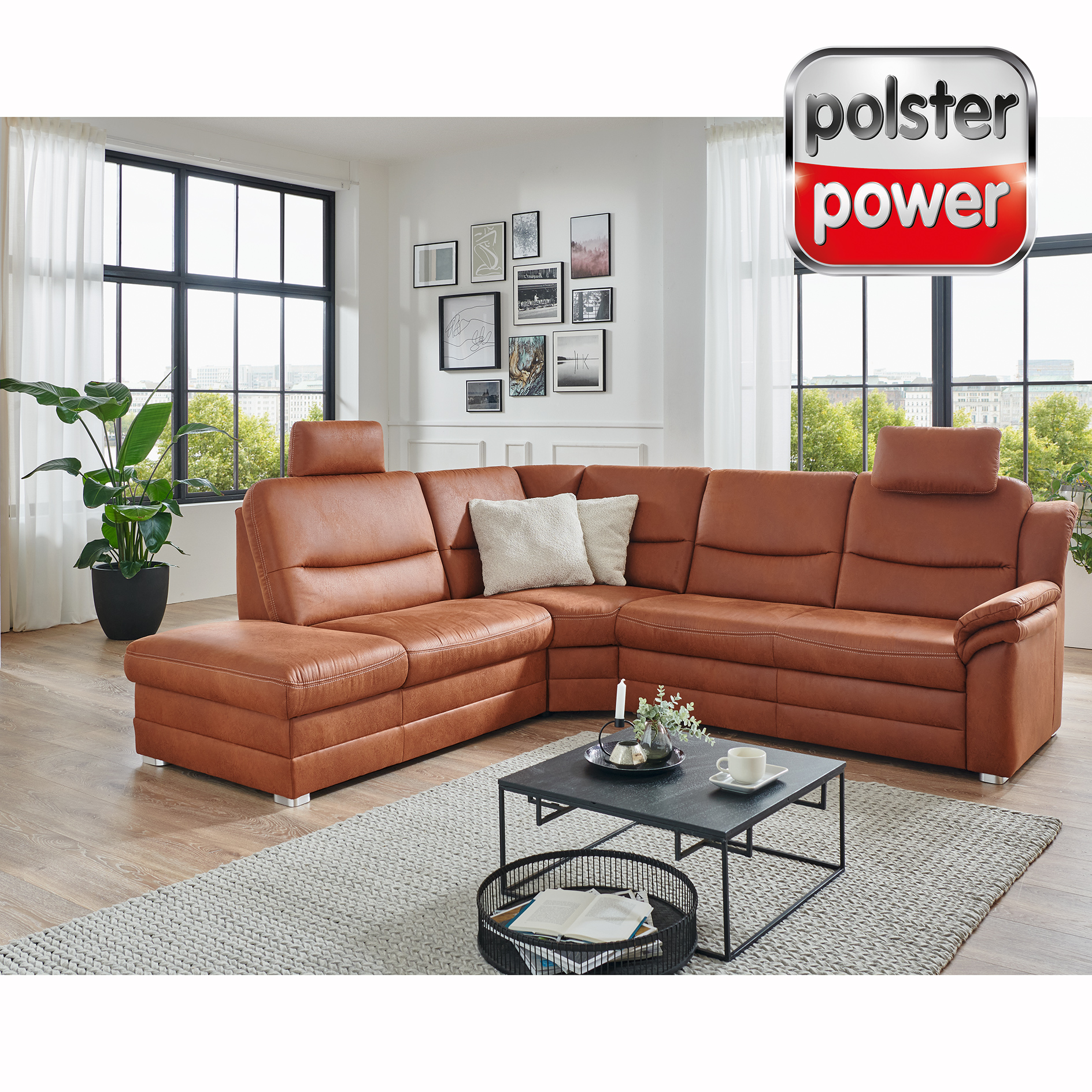 polsterpower Ecksofa - braun - Liegefunktion und Staukasten - Anstellhocker links
