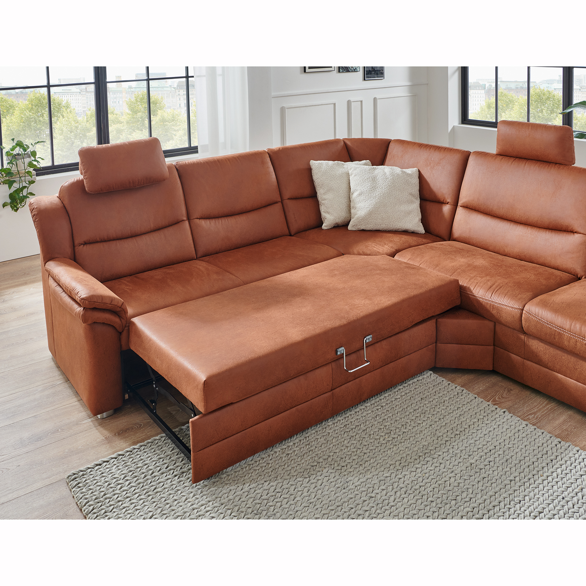 polsterpower Ecksofa - braun - Liegefunktion und Staukasten - Anstellhocker rechts