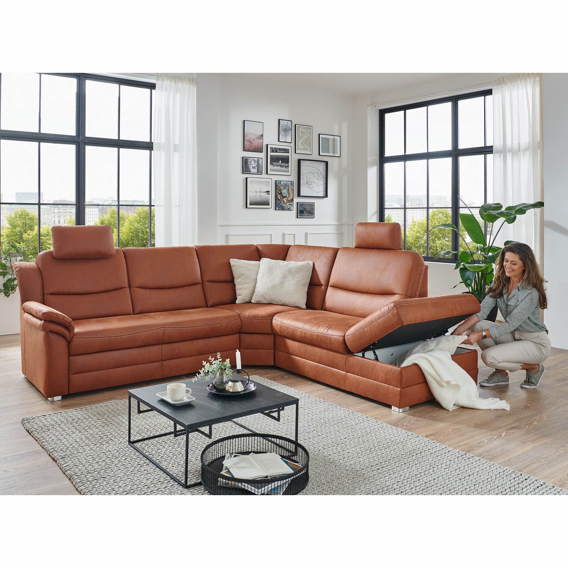 polsterpower Ecksofa - braun - Liegefunktion und Staukasten - Anstellhocker rechts