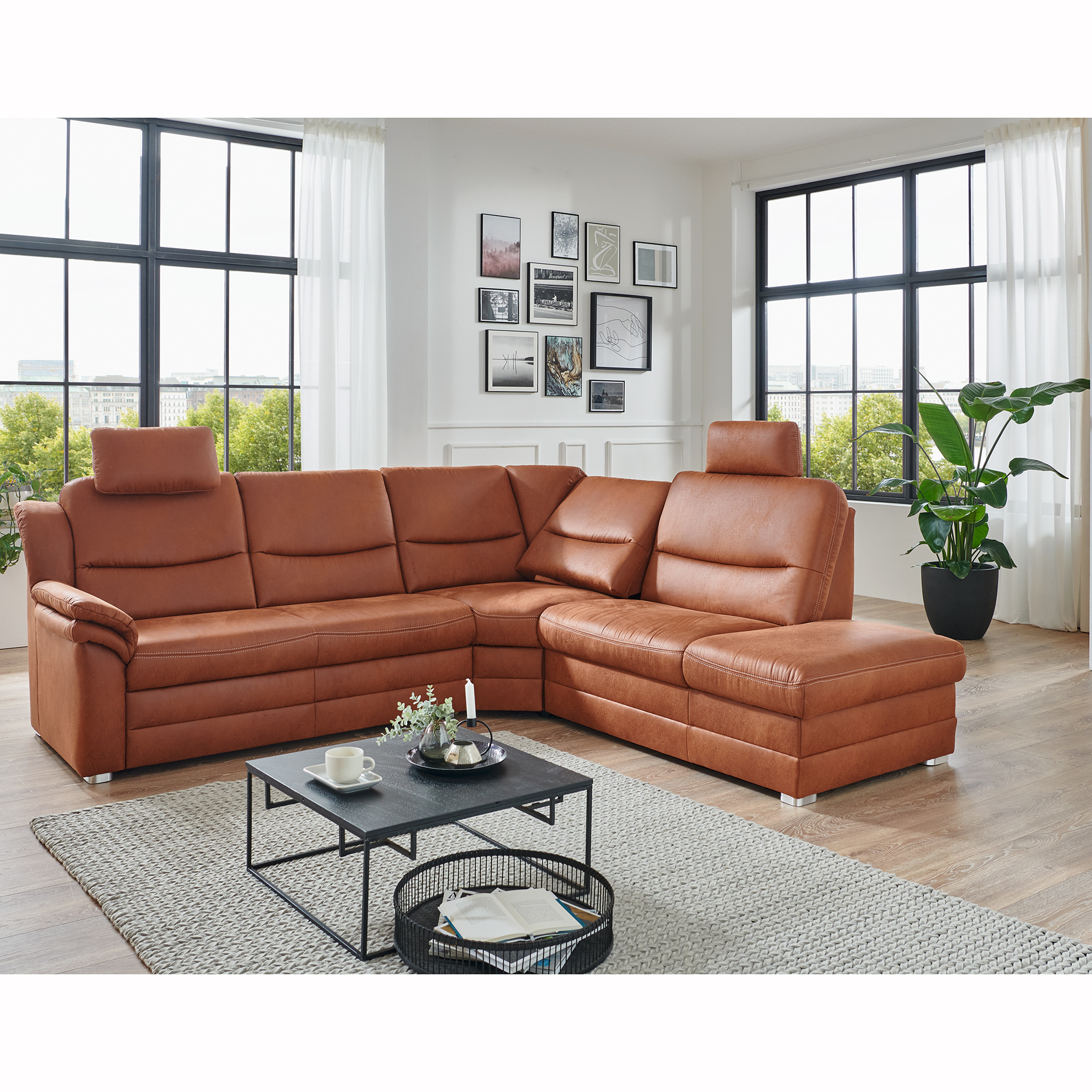 polsterpower Ecksofa - braun - Liegefunktion und Staukasten - Anstellhocker rechts
