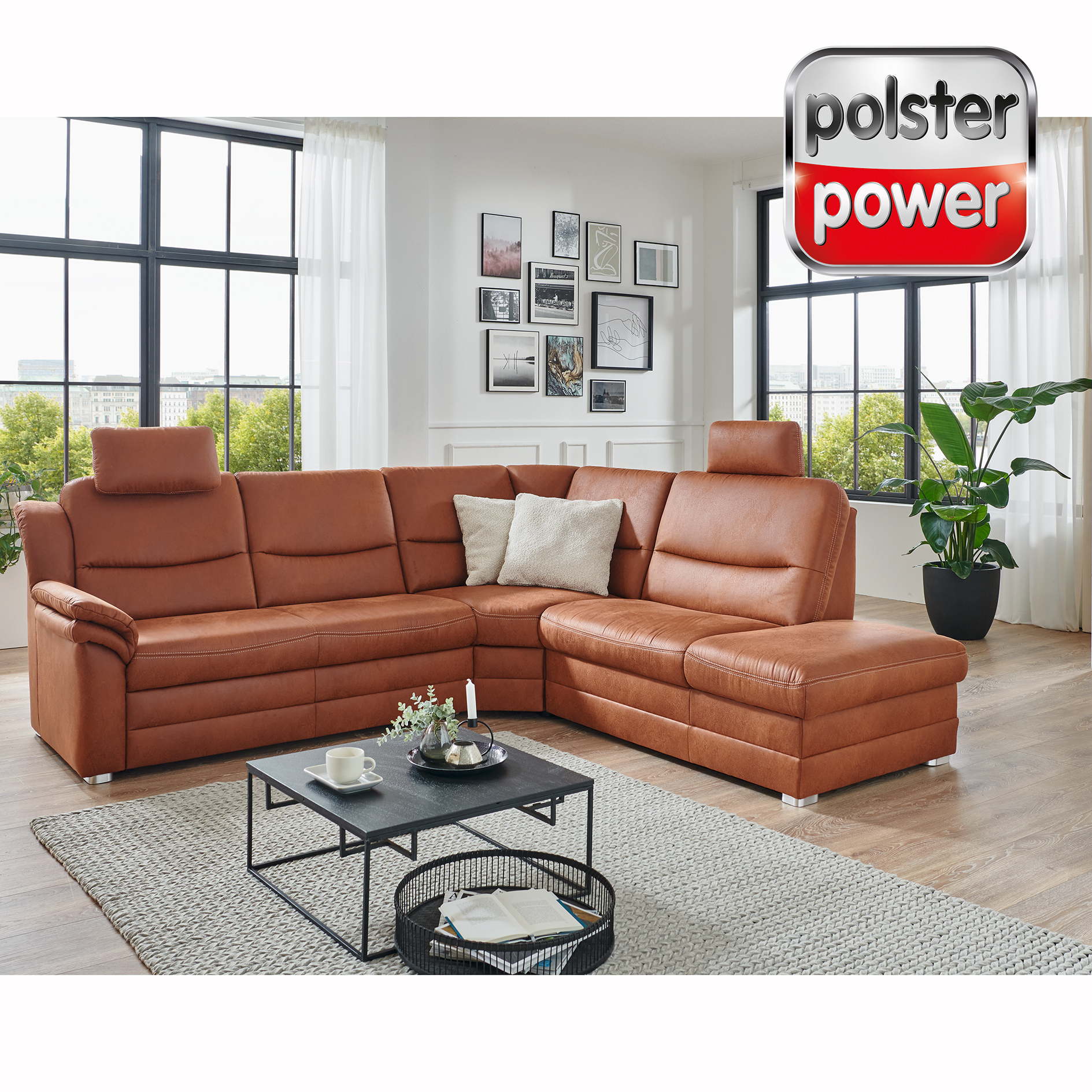 polsterpower Ecksofa - braun - Liegefunktion und Staukasten - Anstellhocker rechts