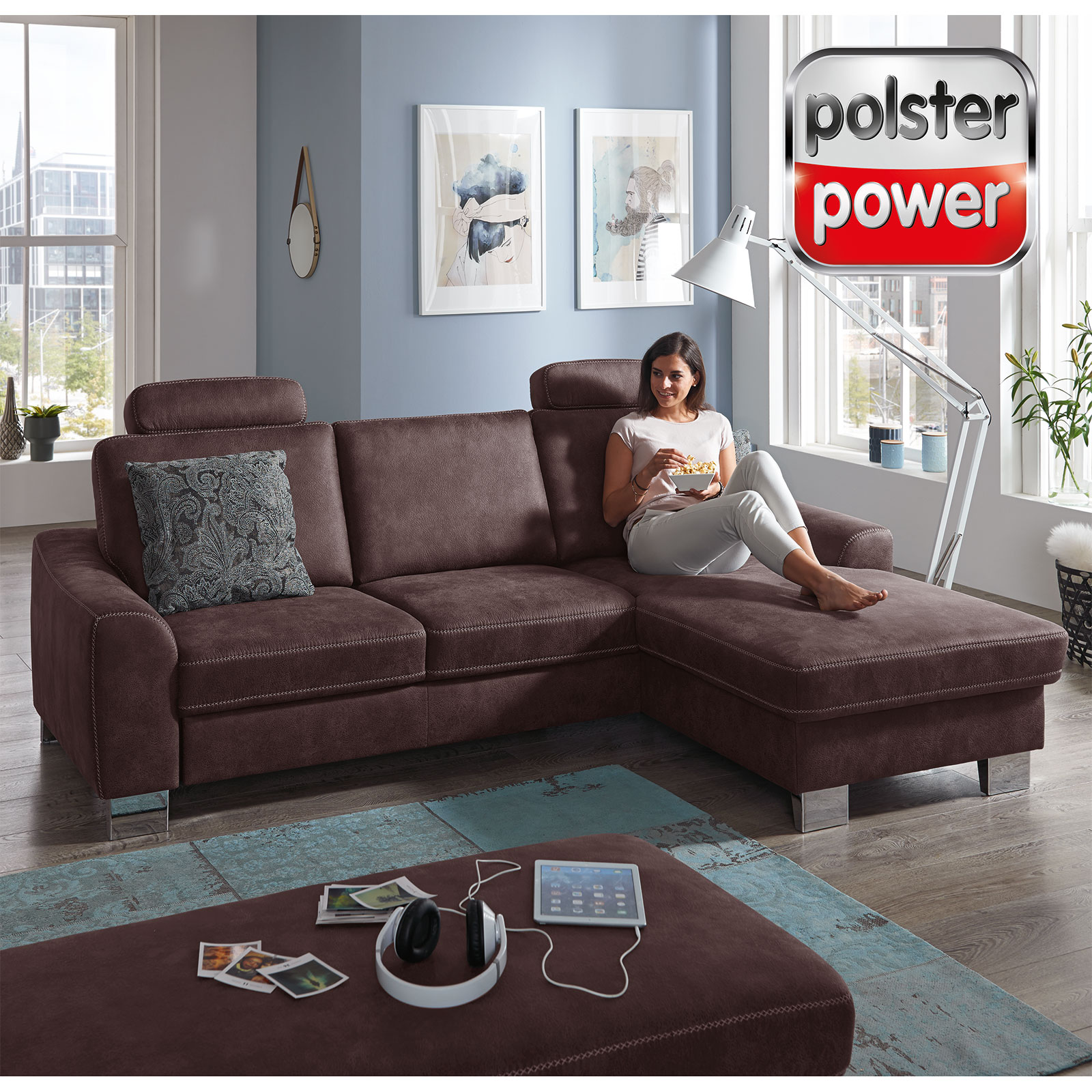 polsterpower Ecksofa - braun - mit Funktionen - Canapé rechts