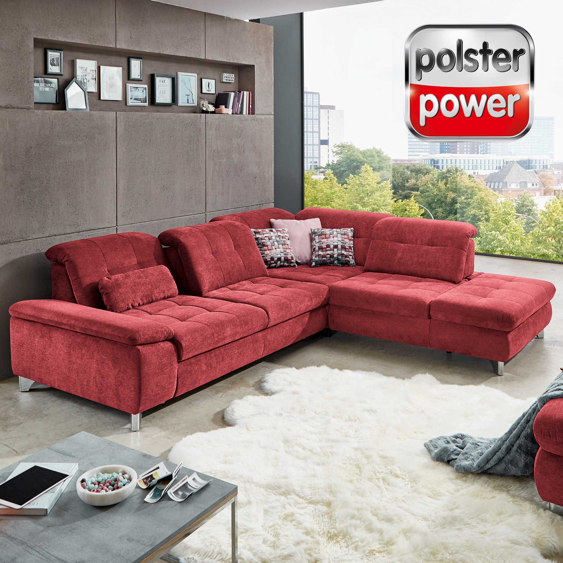 polsterpower Ecksofa - cherry - Microchenille - Liegefunktion - Anstellhocker rechts
