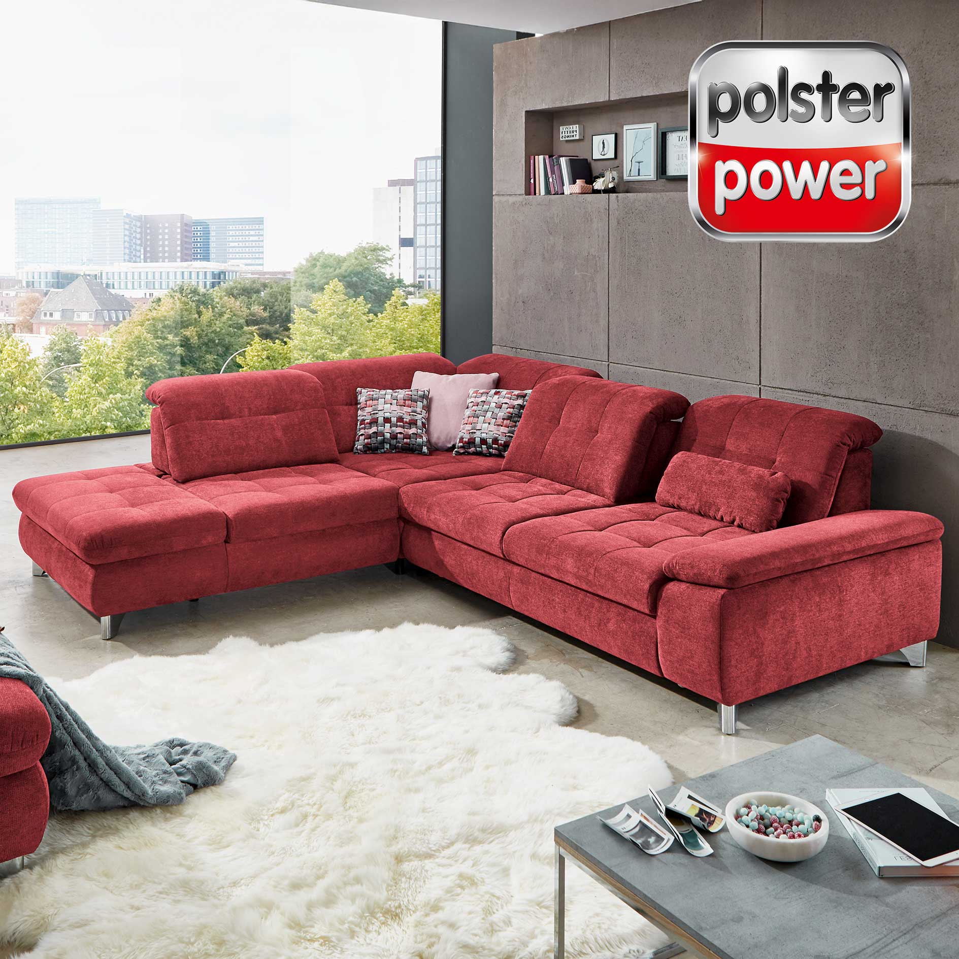 polsterpower Ecksofa - cherry - Microchenille - Sitztiefenverstellung - Anstellhocker links