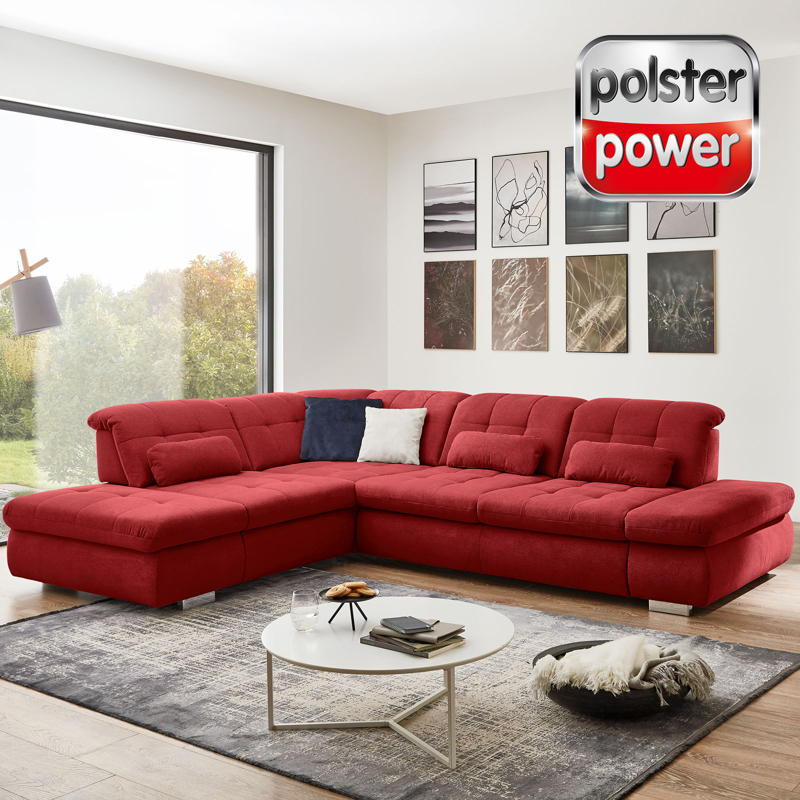 polsterpower Ecksofa - cherry - mit Funktionen - Anstellhocker links