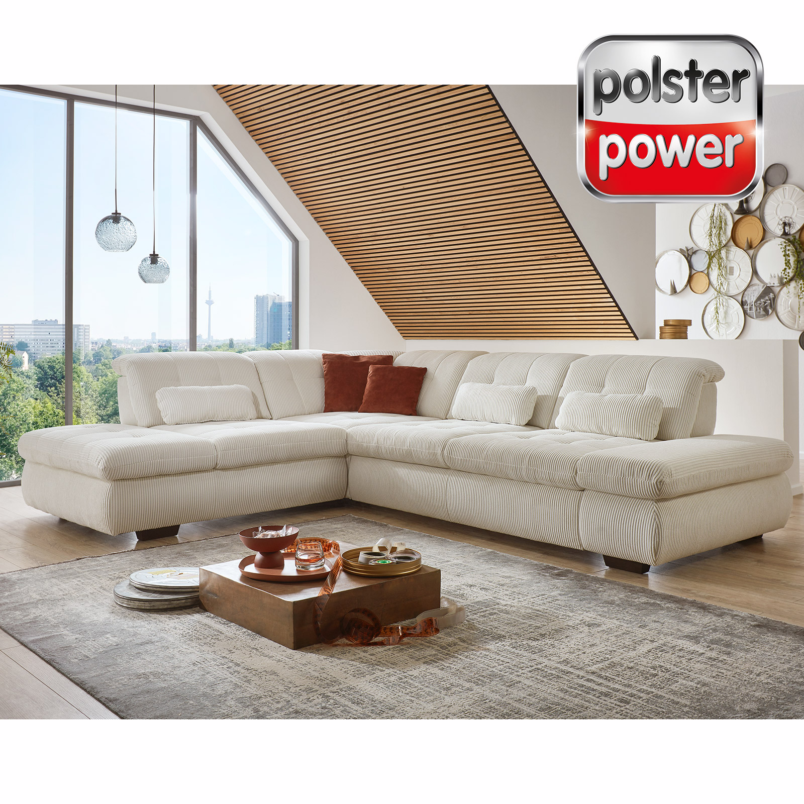 polsterpower Ecksofa - Cord natur - mit Funktionen - Anstellhocker links