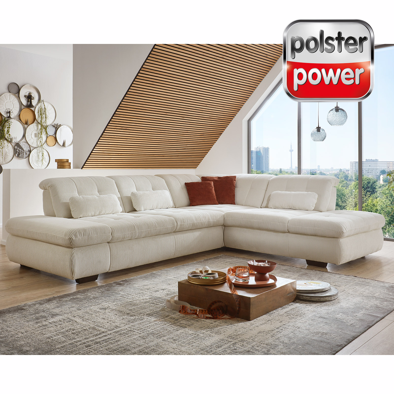 polsterpower Ecksofa - Cord natur - mit Funktionen - Anstellhocker rechts