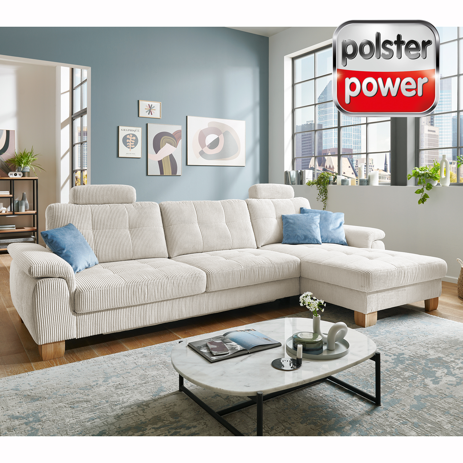 polsterpower Ecksofa - Cord natur - mit Funktionen - Canape rechts