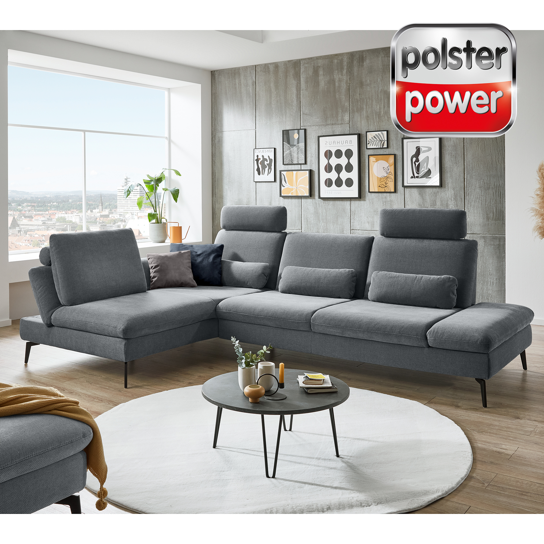 polsterpower Ecksofa - denim - mit Kopfstütze und Armteilverstellung - Longchair links