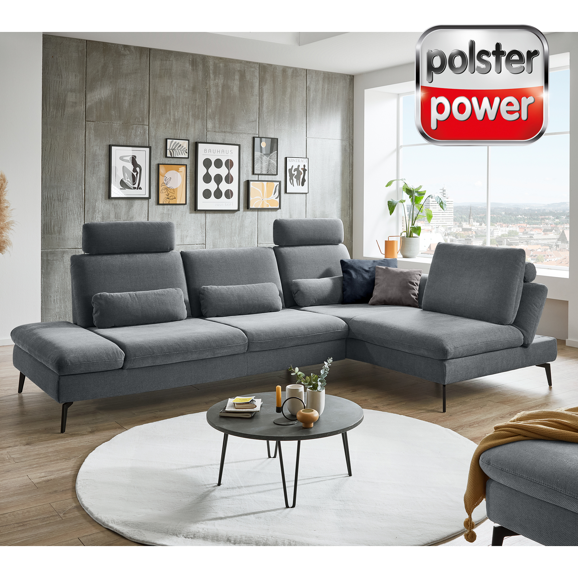 polsterpower Ecksofa - denim - mit Kopfstütze und Armteilverstellung - Longchair rechts