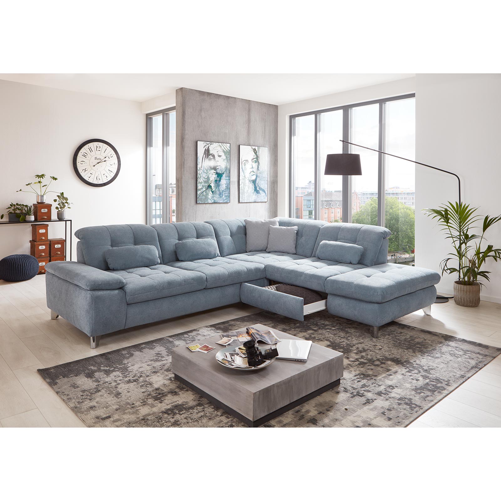 polsterpower Ecksofa - eisblau - mit Liegefunktion und Staukasten - links