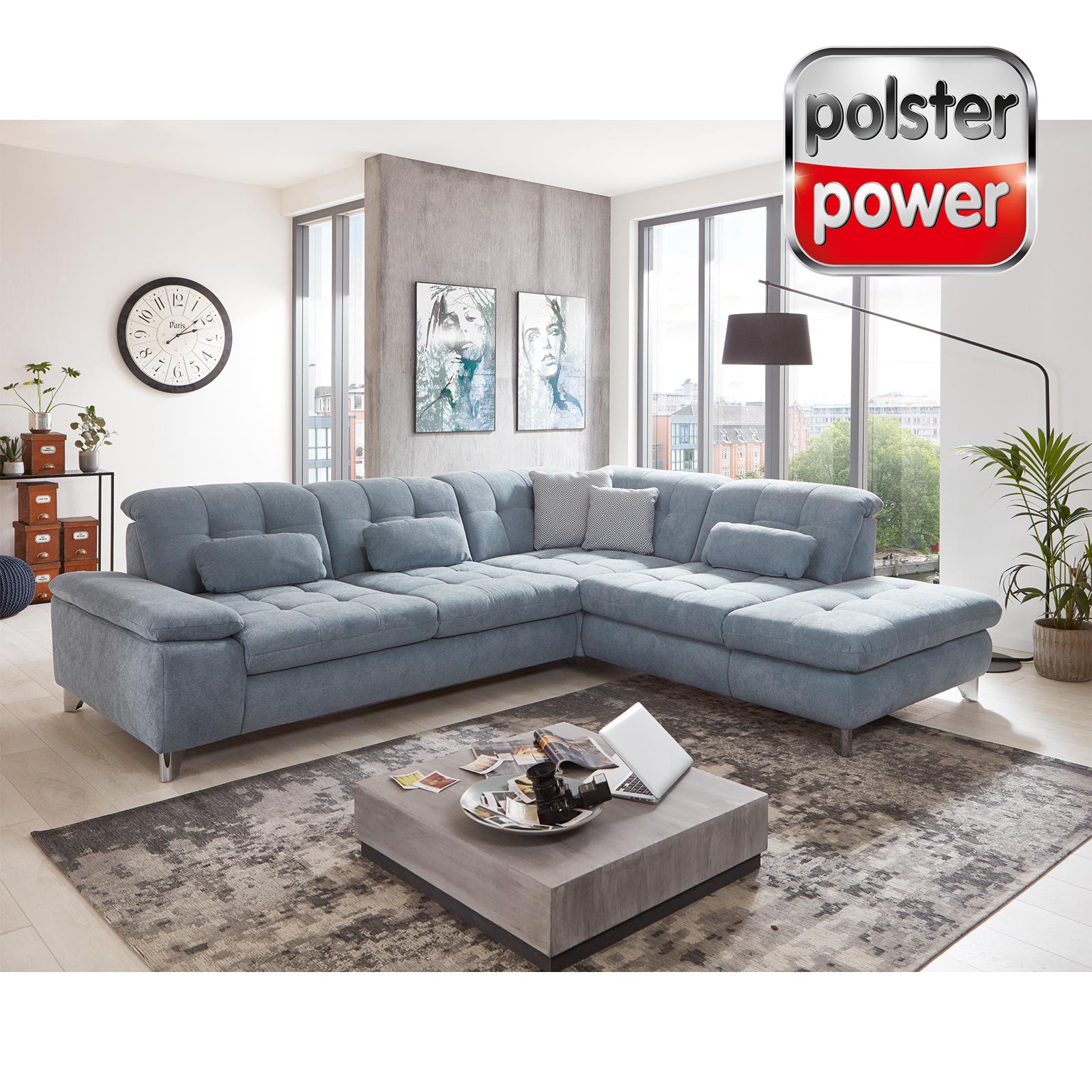 polsterpower Ecksofa - eisblau - mit Liegefunktion und Staukasten - links