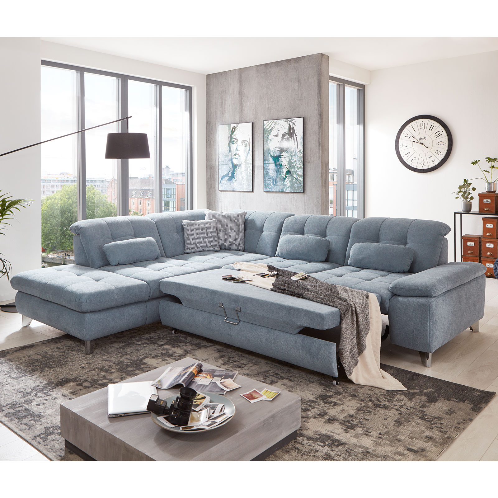 polsterpower Ecksofa - eisblau - mit Liegefunktion und Staukasten - rechts