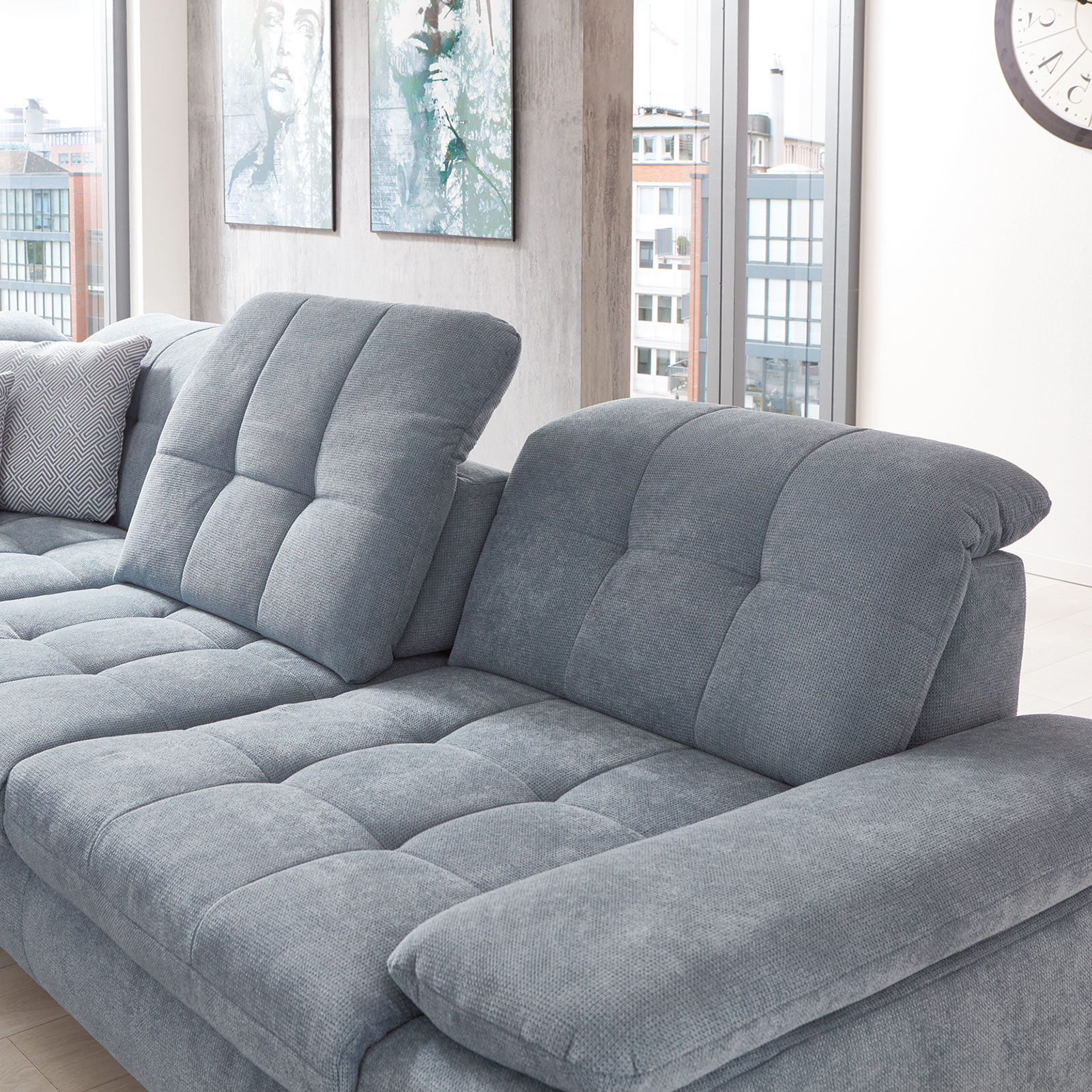 polsterpower Ecksofa - eisblau - mit Liegefunktion und Staukasten - rechts