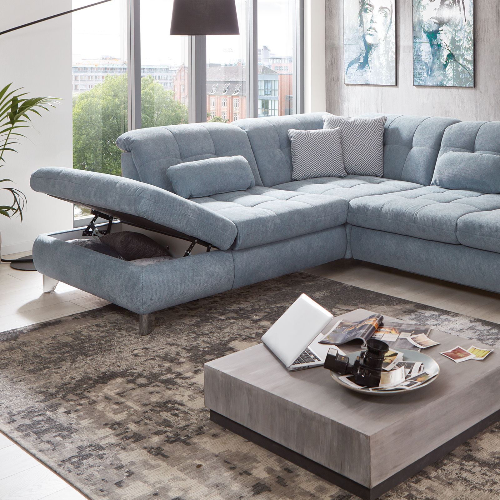polsterpower Ecksofa - eisblau - mit Liegefunktion und Staukasten - rechts