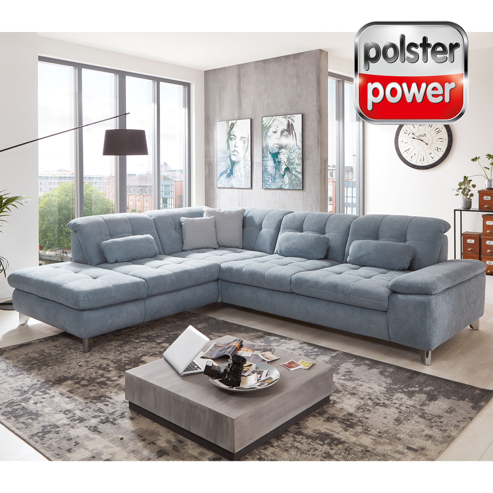polsterpower Ecksofa - eisblau - mit Liegefunktion und Staukasten - rechts