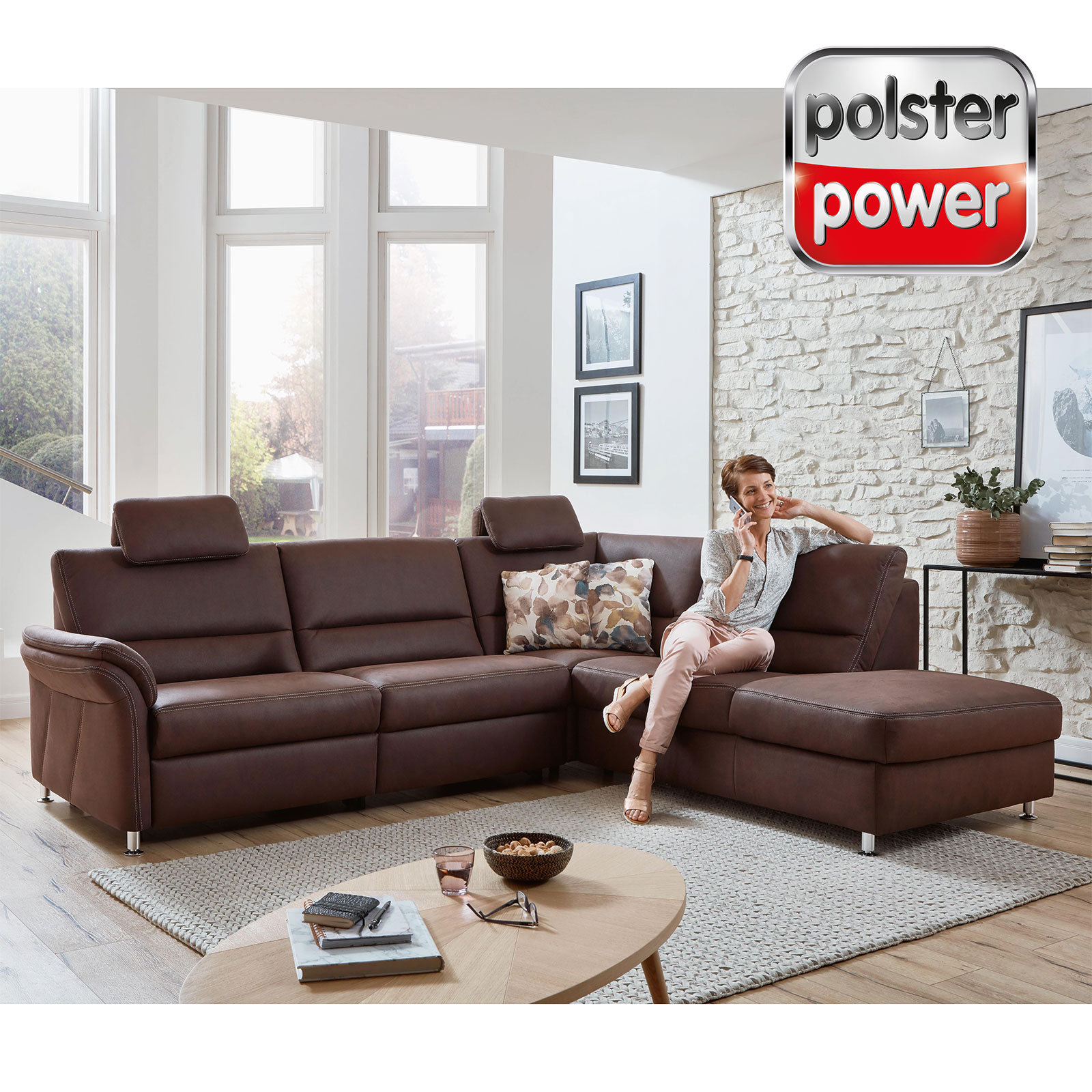 polsterpower Ecksofa - espresso - mit Funktionen - Anstellhocker rechts