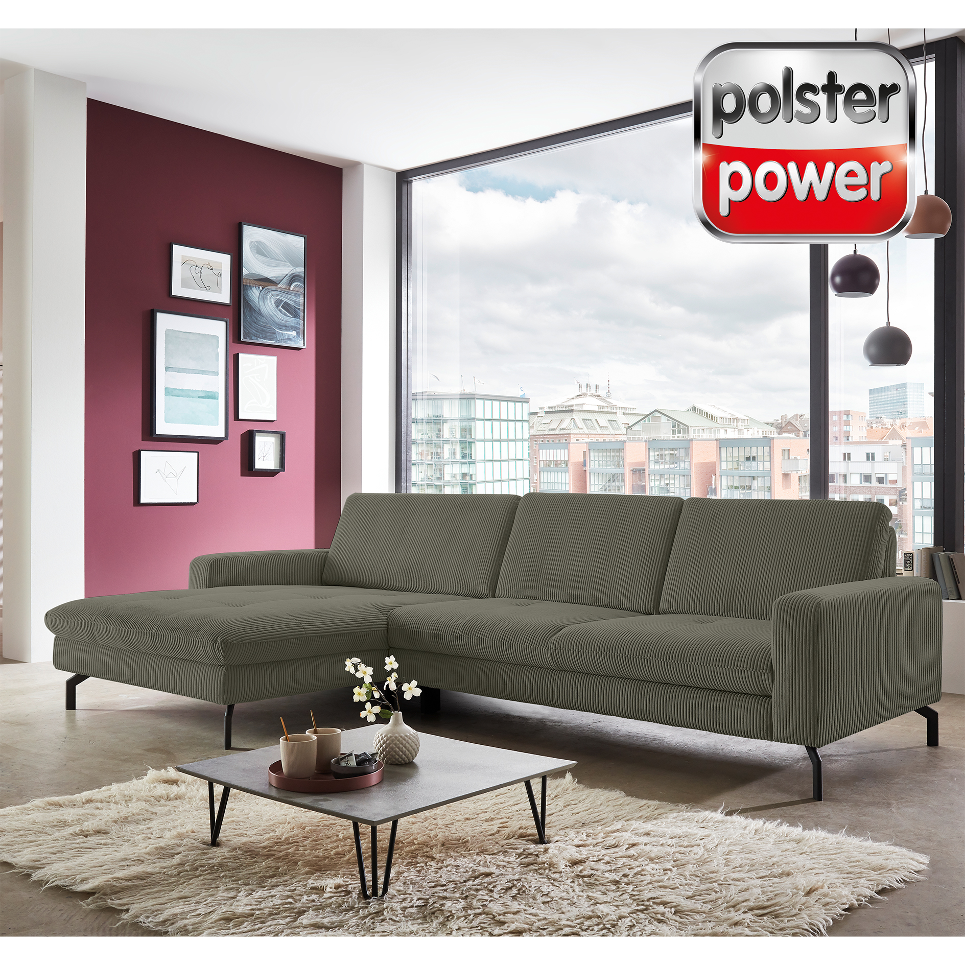polsterpower Ecksofa - forest - Feincord - Basismodell - Canapé links
