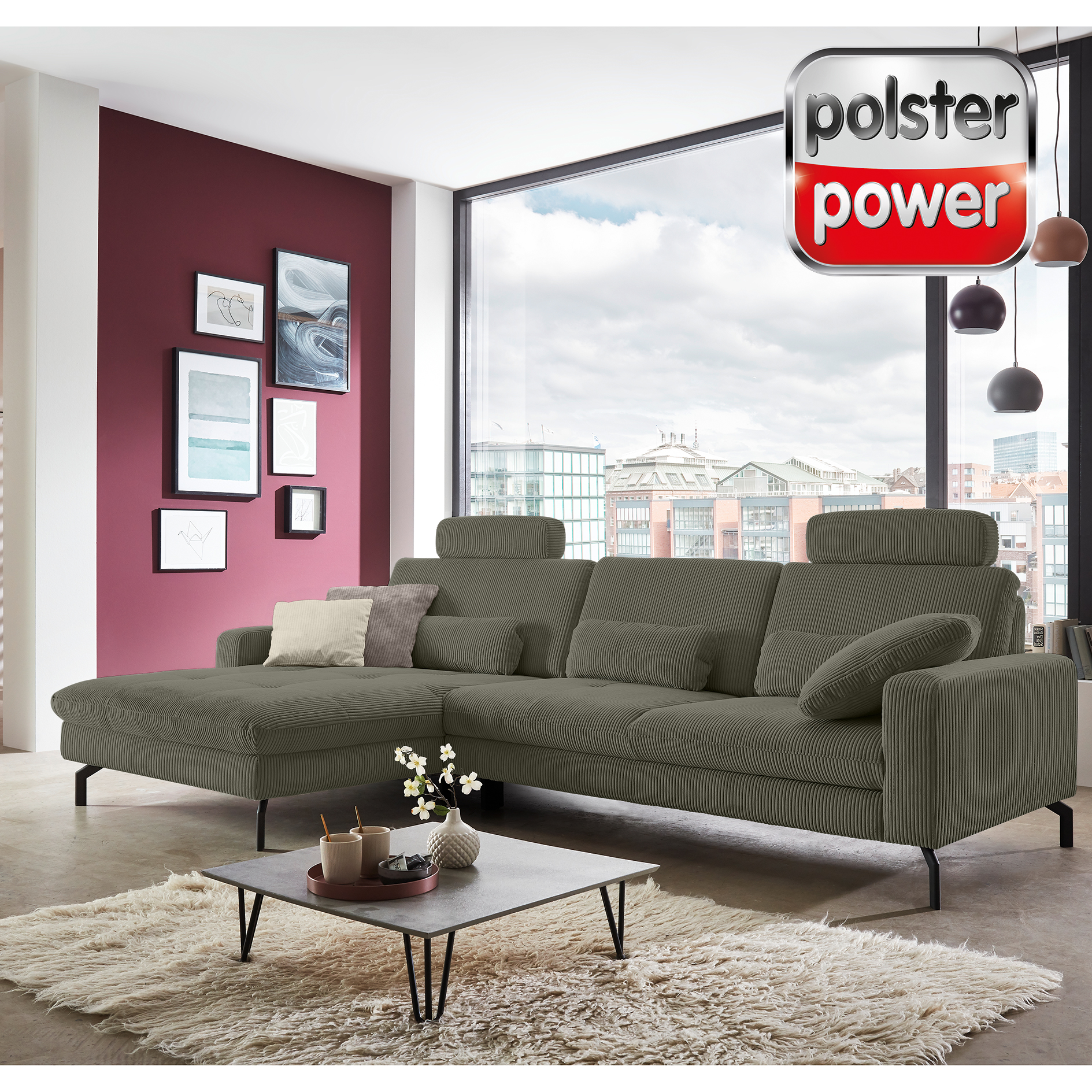 polsterpower Ecksofa - forest - Feincord - mit Funktionen - Canapé links