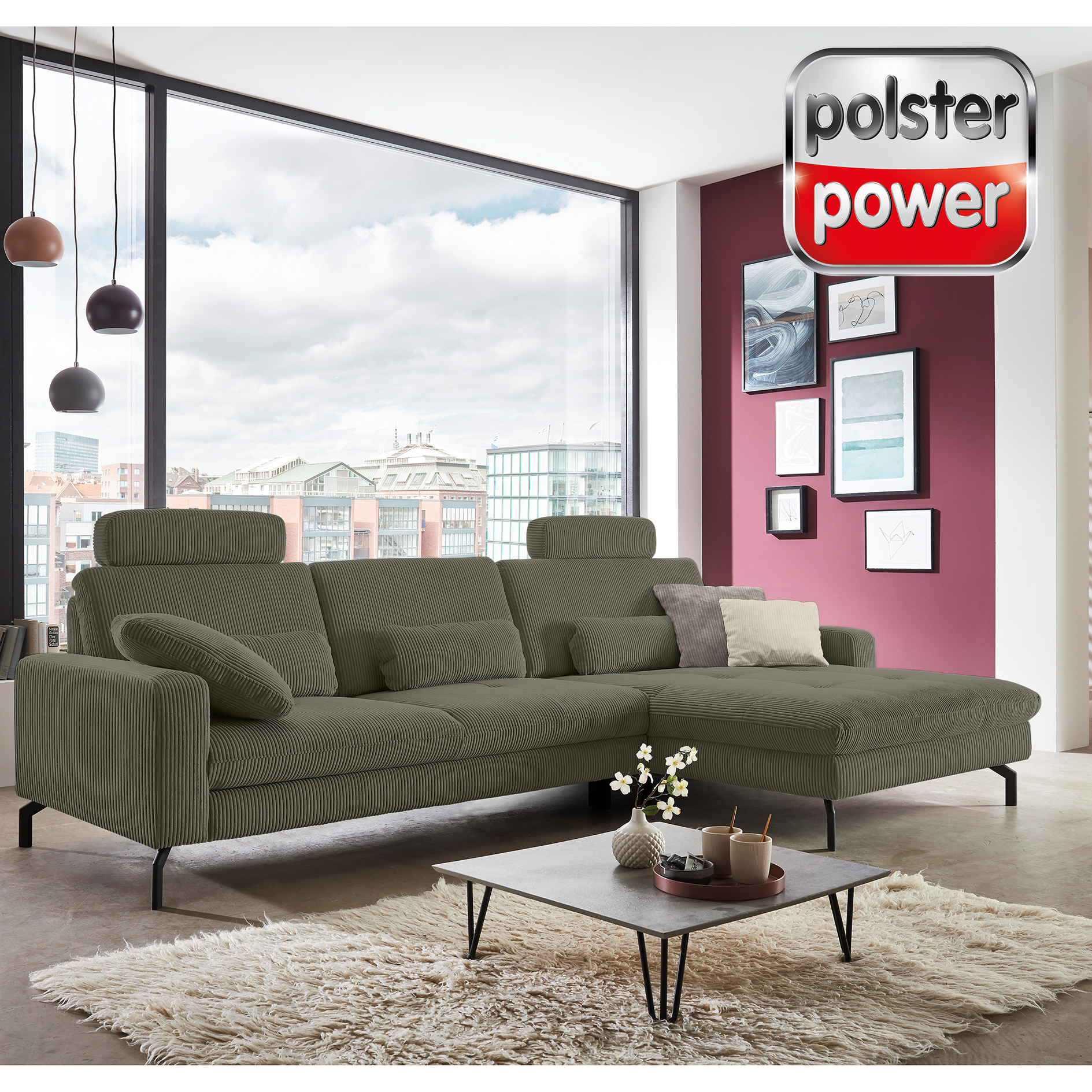 polsterpower Ecksofa - forest - Feincord - mit Funktionen - Canapé rechts