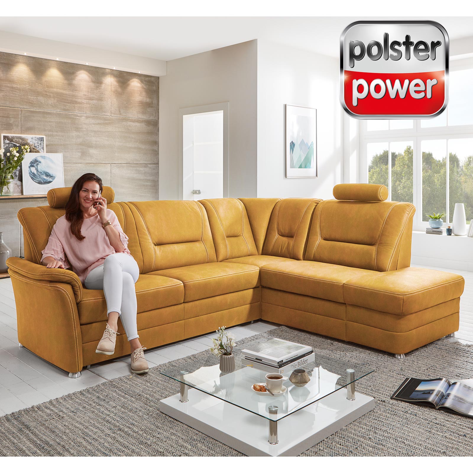 polsterpower Ecksofa - gelb - Microfaser - mit Funktionen