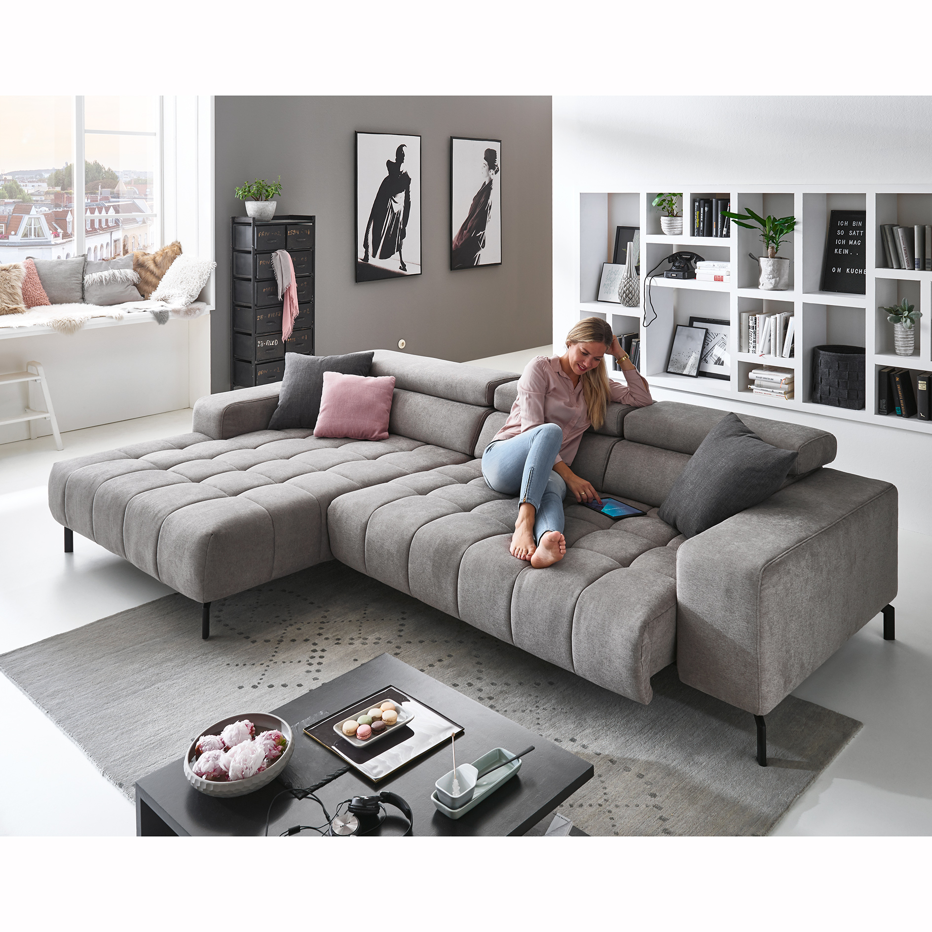 polsterpower Ecksofa - granit - motorische Vorziehfunktion - Canape links