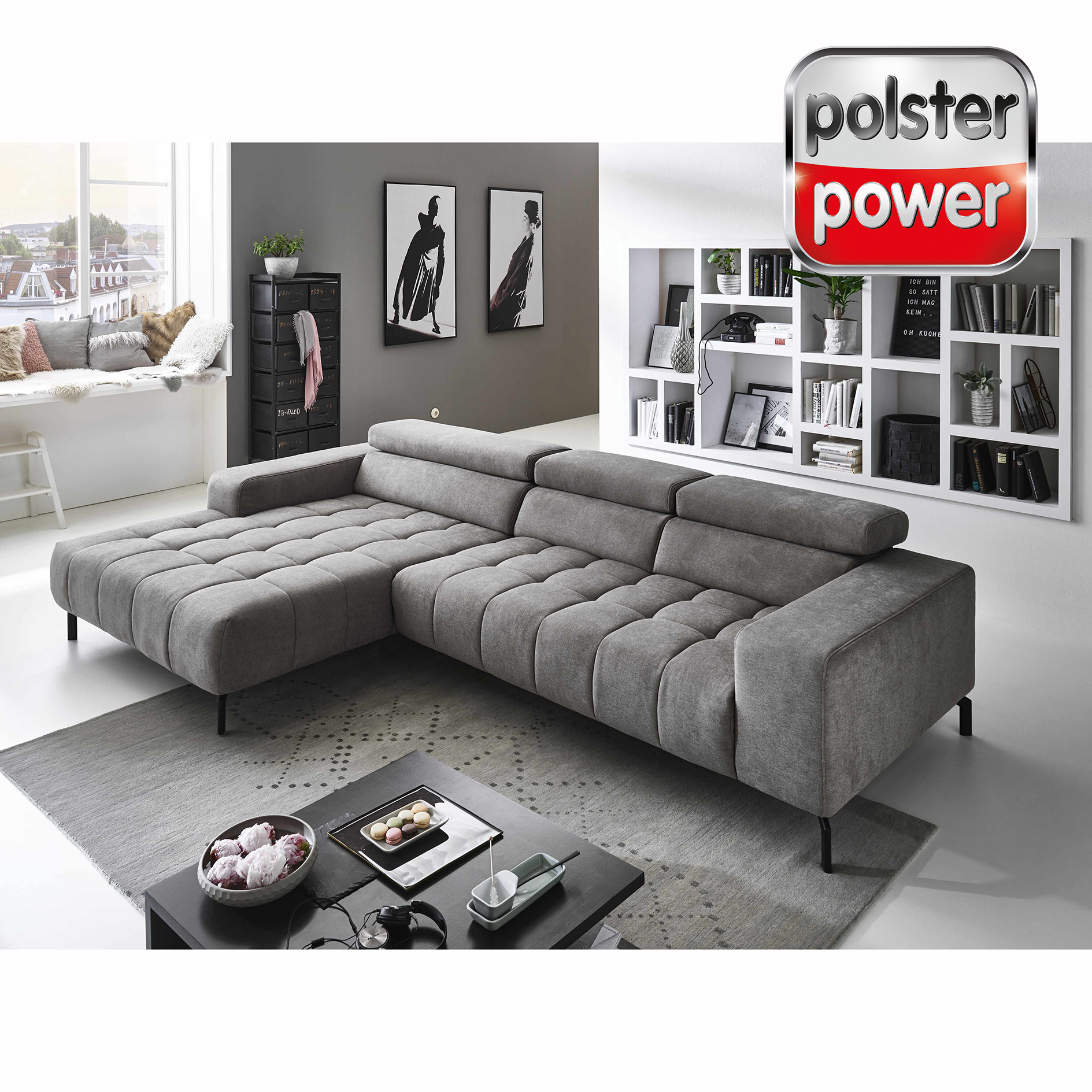 polsterpower Ecksofa - granit - motorische Vorziehfunktion - Canape links