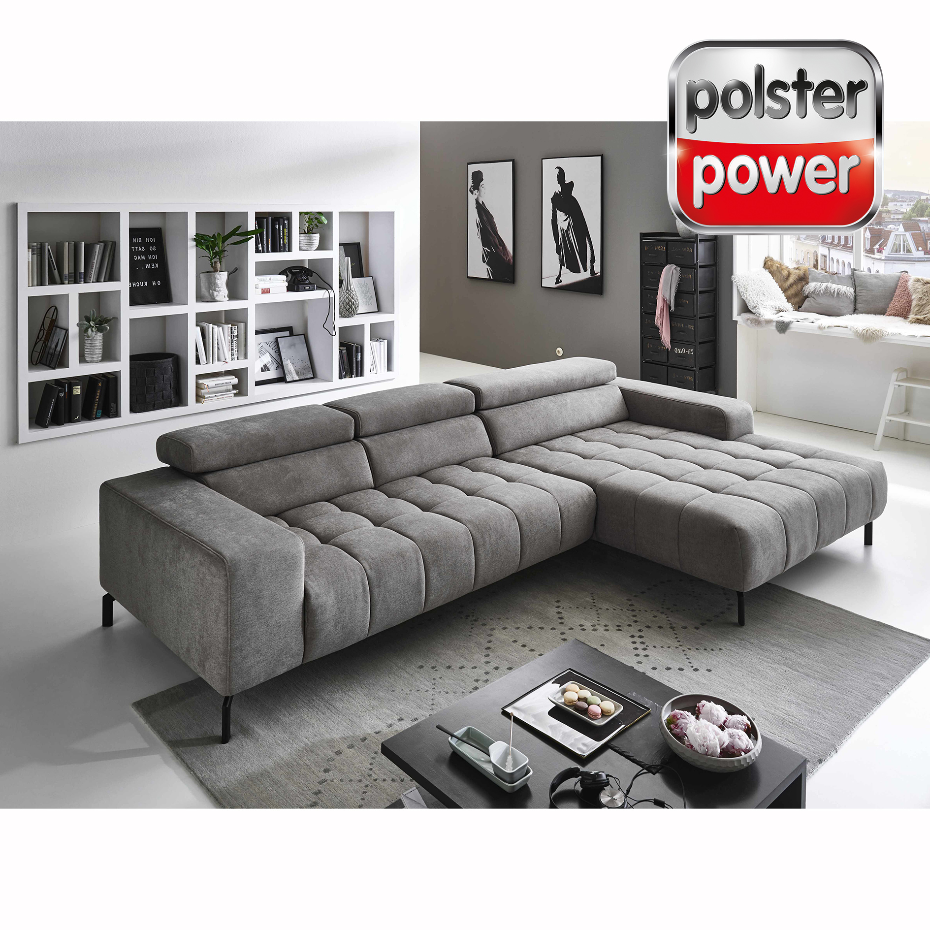 polsterpower Ecksofa - granit - motorische Vorziehfunktion - Canape rechts