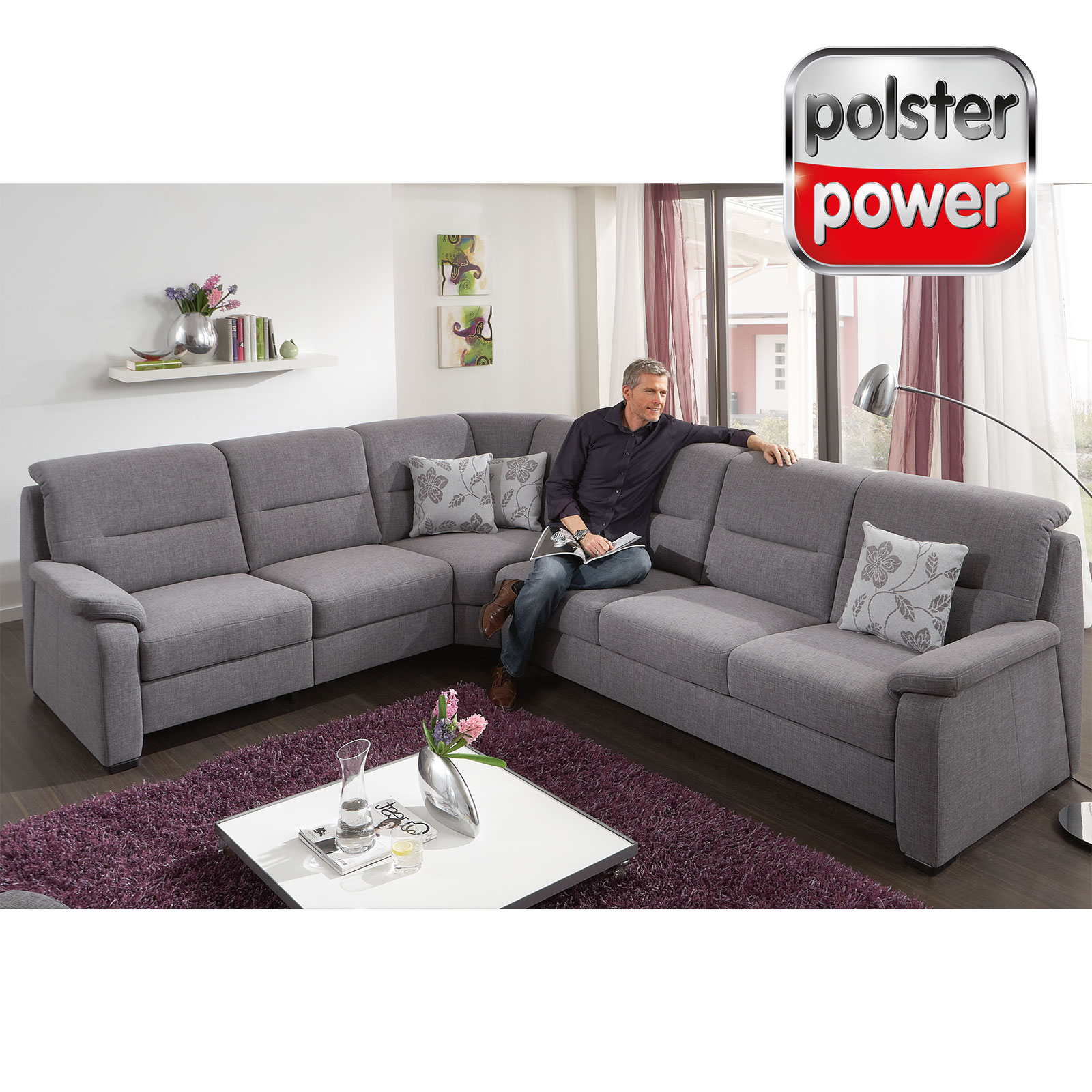 polsterpower Ecksofa - grau - Basismodell - 2-Sitzer links