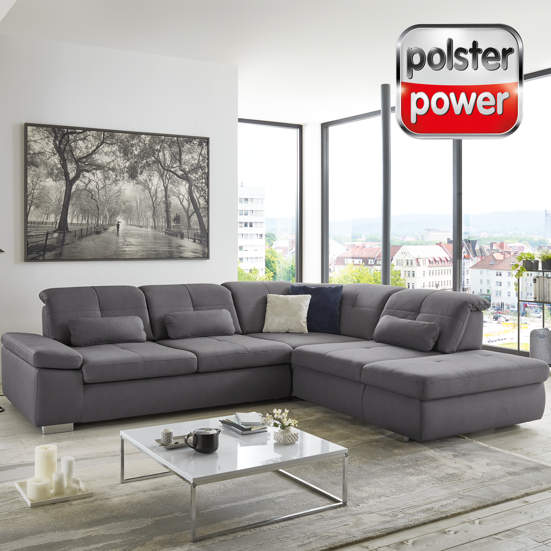 polsterpower Ecksofa - grau - Basismodell - Anstellhocker rechts