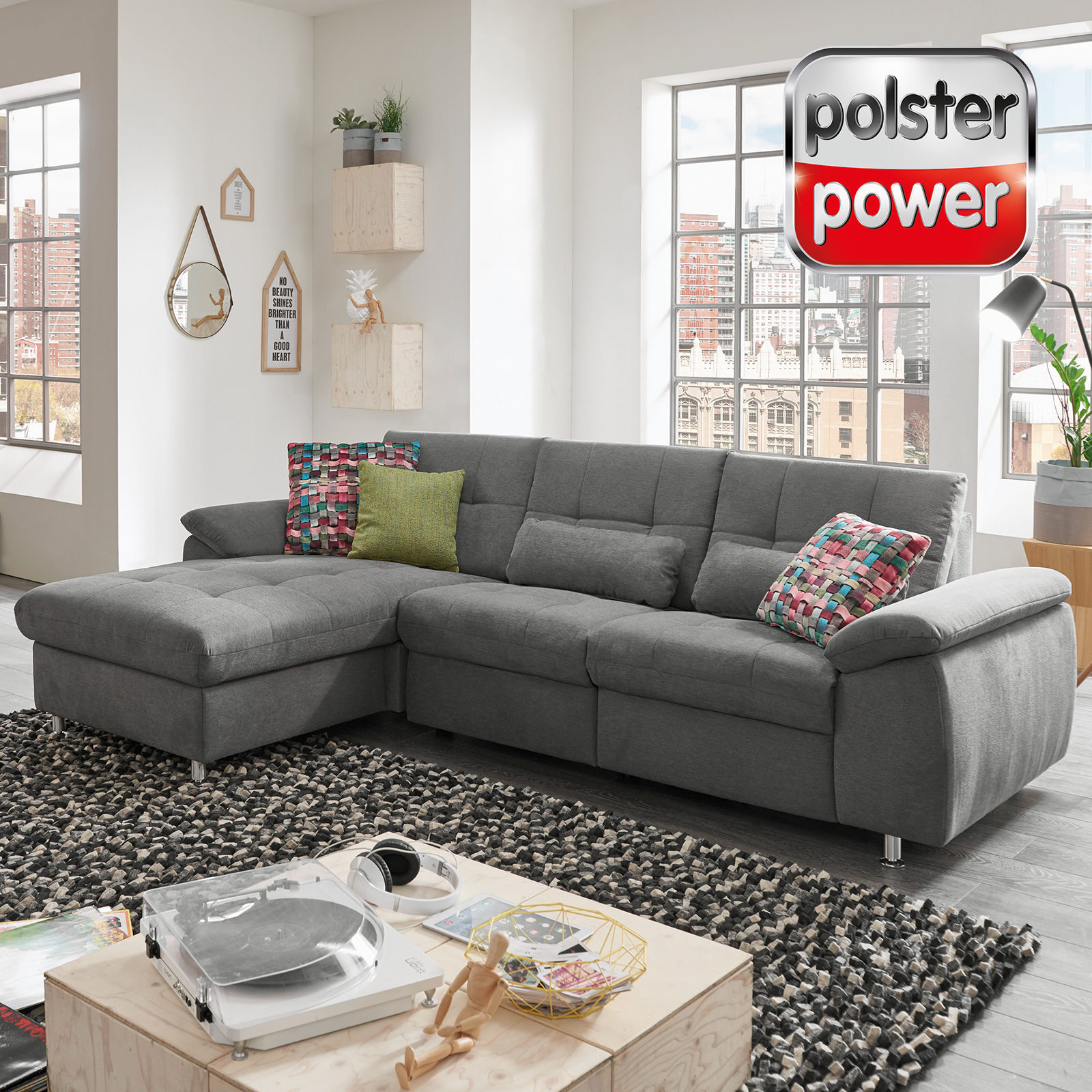 polsterpower Ecksofa - grau - Basismodell - Canapé links