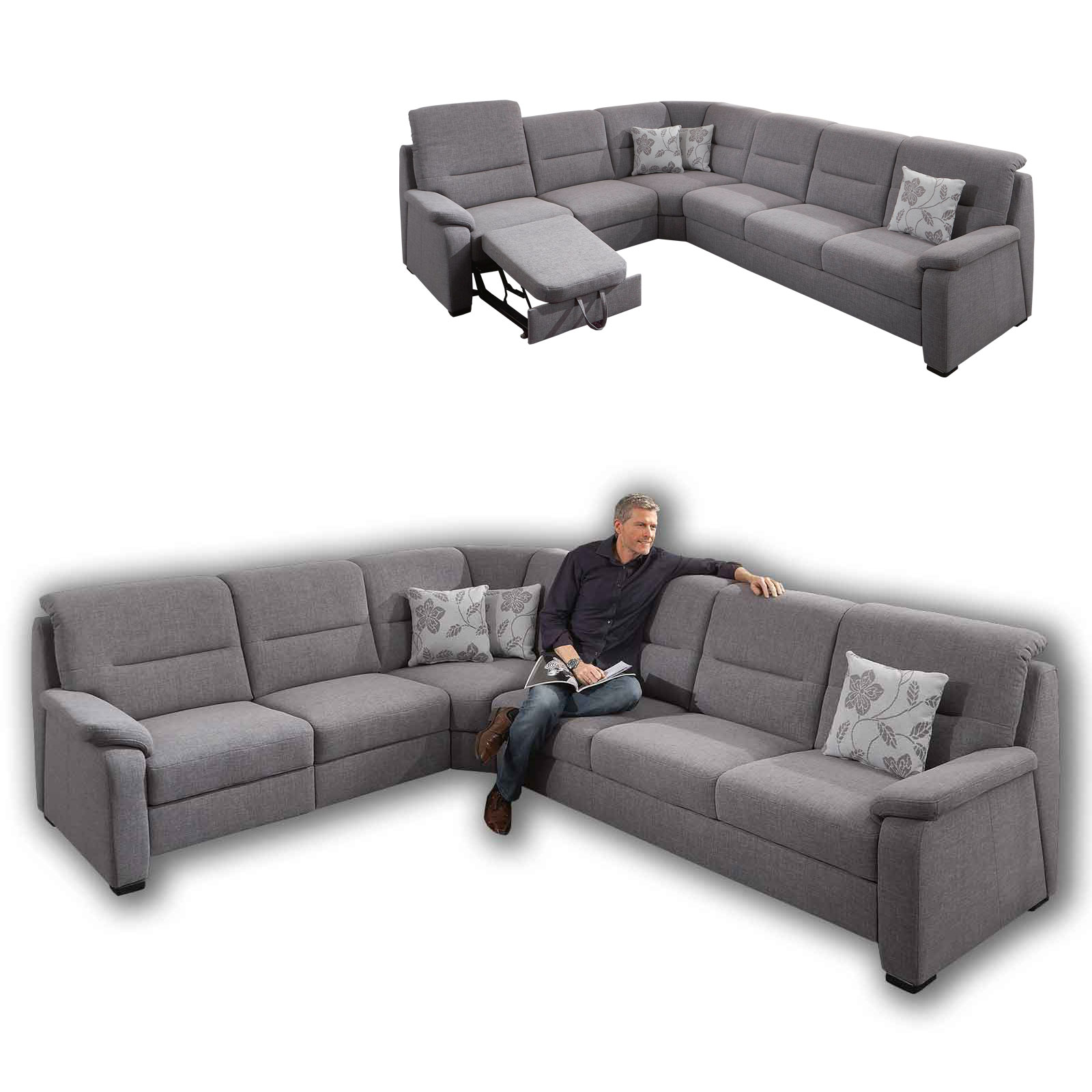 polsterpower Ecksofa - grau - mit Funktionen - 2-Sitzer links