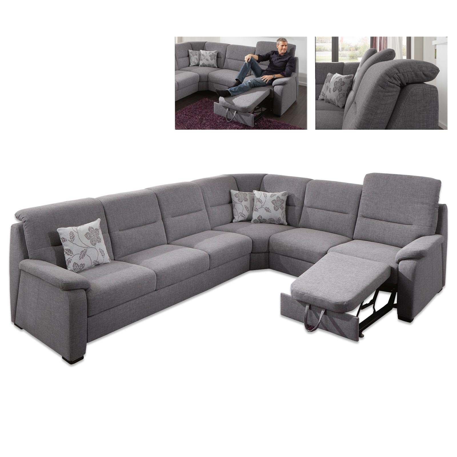 polsterpower Ecksofa - grau - mit Funktionen - 2-Sitzer rechts