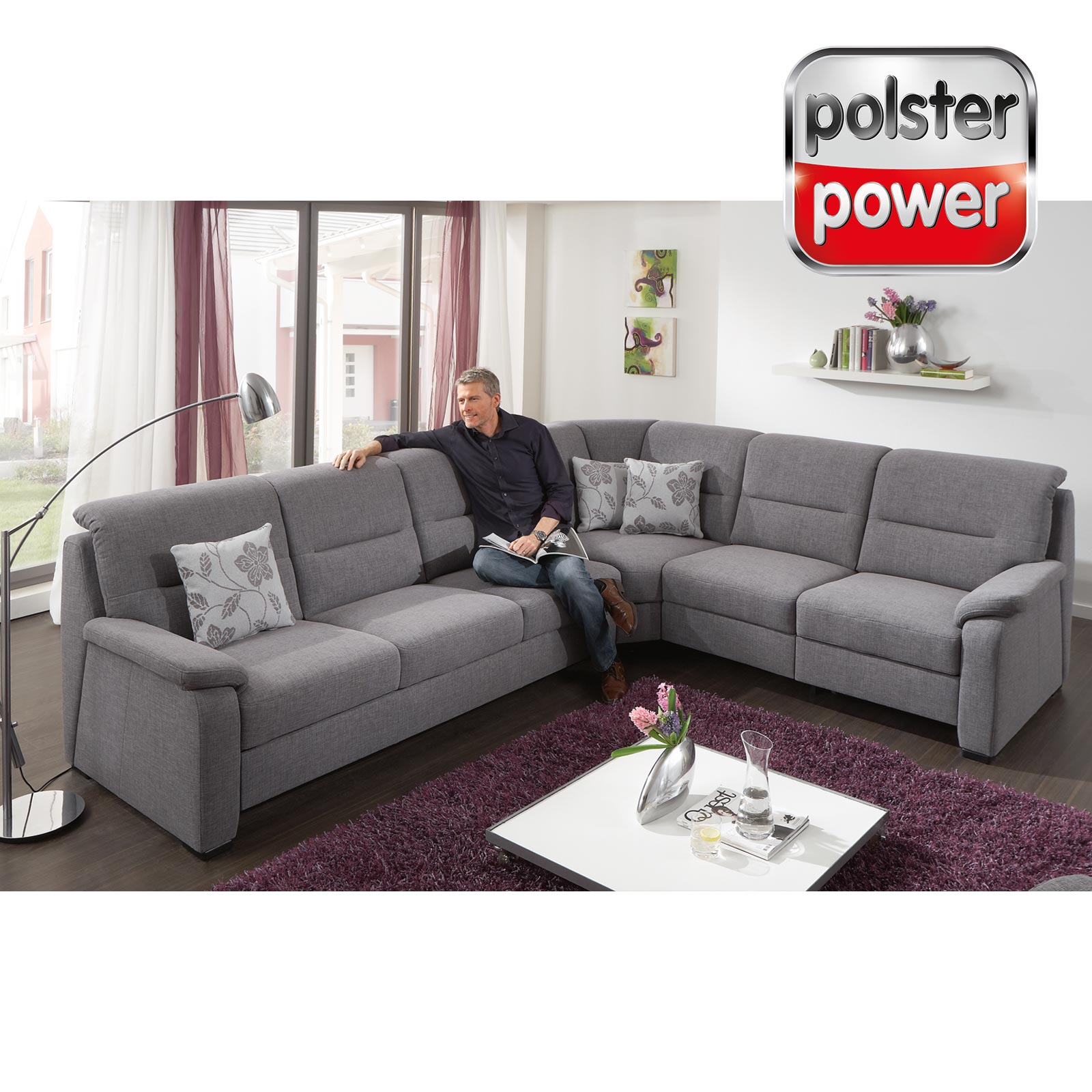 polsterpower Ecksofa - grau - mit Funktionen - 2-Sitzer rechts