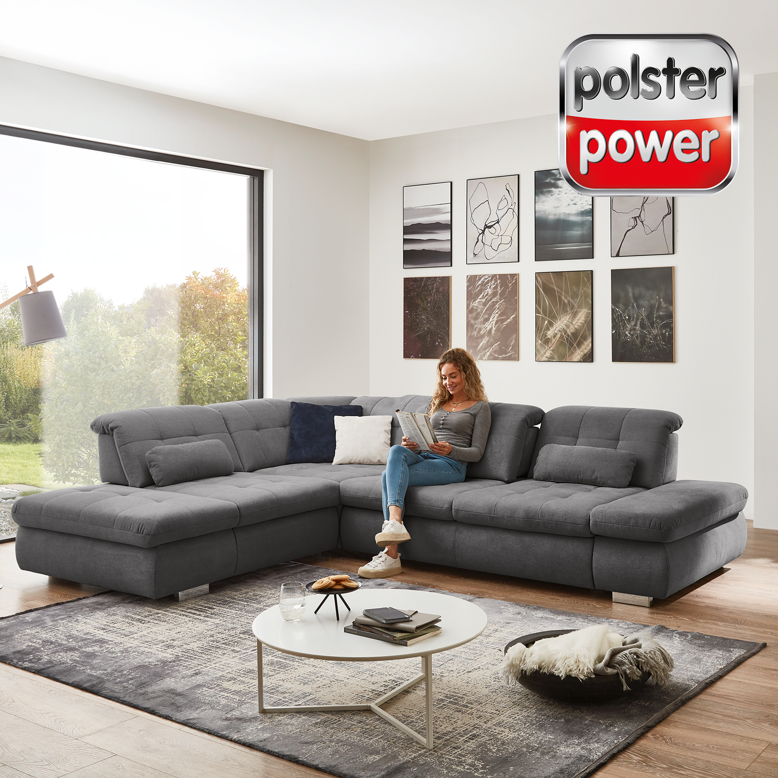 polsterpower Ecksofa   grau   mit Funktionen   Anstellhocker links ...