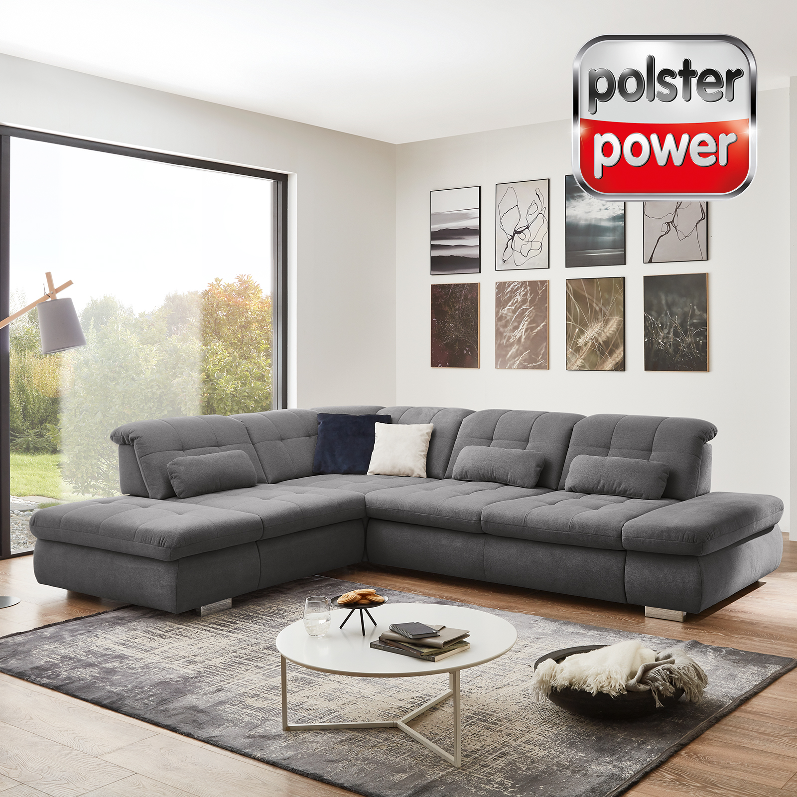 polsterpower Ecksofa - grau - mit Funktionen - Anstellhocker links