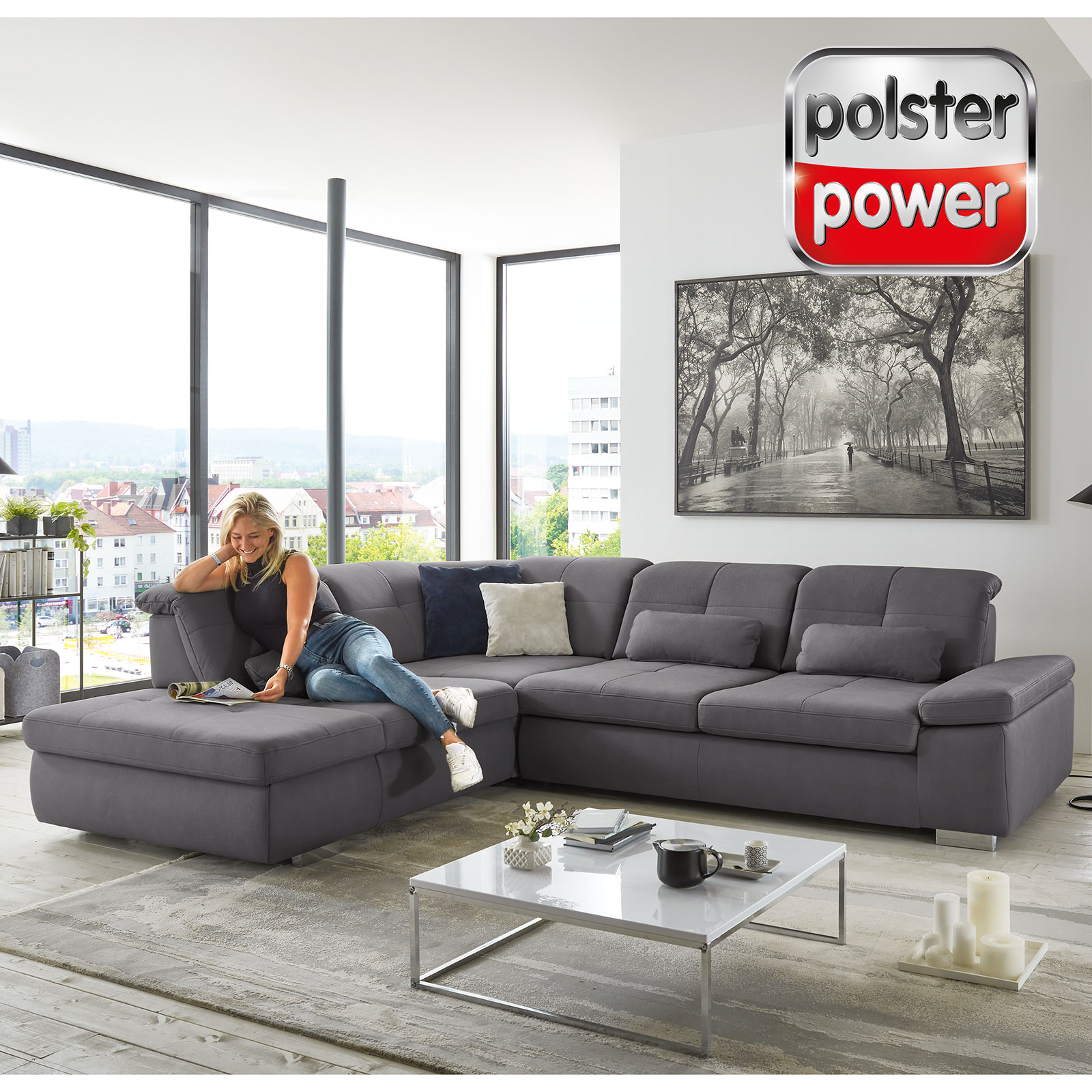 polsterpower Ecksofa - grau - mit Funktionen - Anstellhocker links