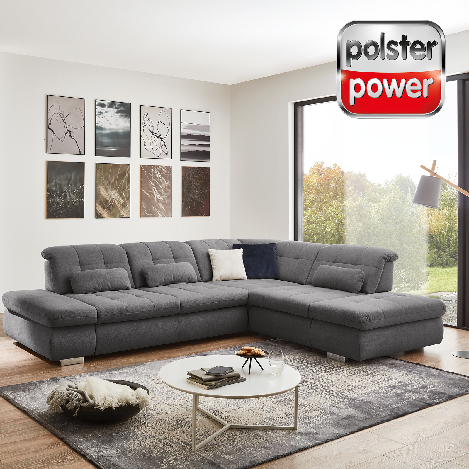 polsterpower Ecksofa - grau - mit Funktionen - Anstellhocker rechts