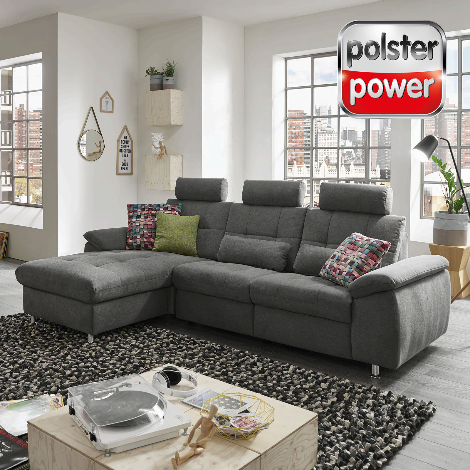 polsterpower Ecksofa - grau - motorisiert - Canapé links