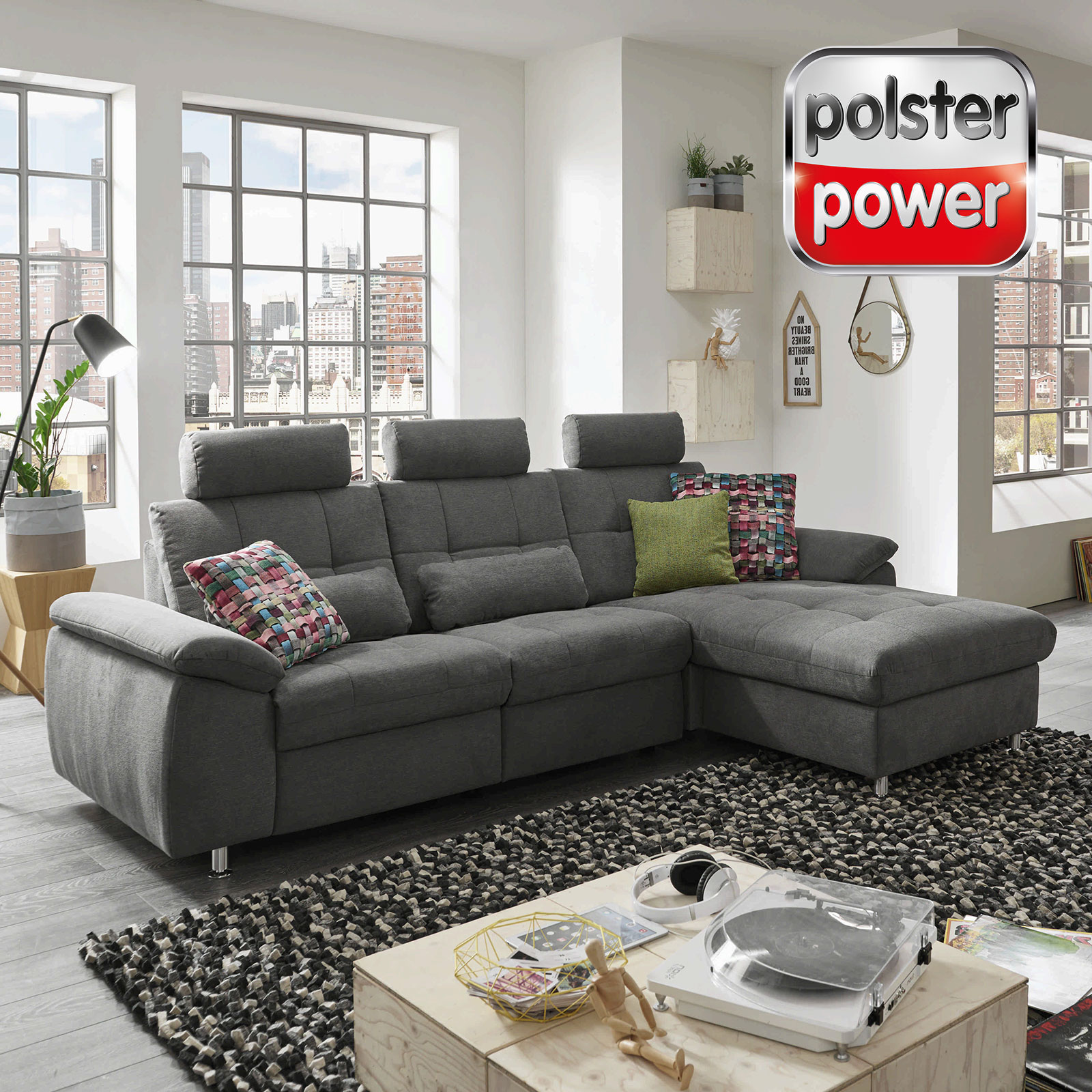 polsterpower Ecksofa - grau - motorisiert - Canapé rechts