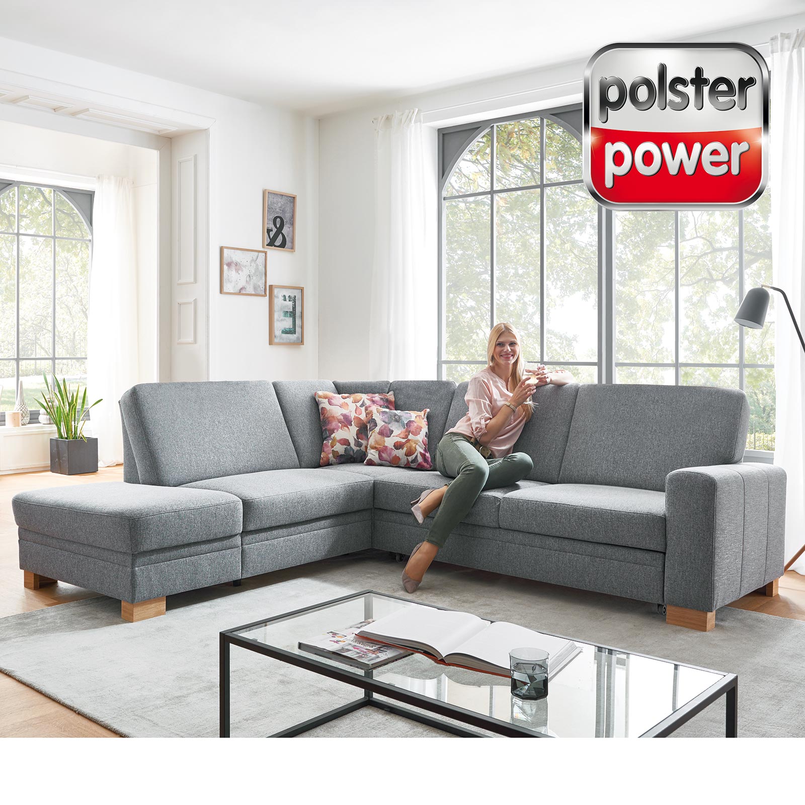 polsterpower Ecksofa - grau - Recamiere links - Liegefunktion und Staukasten