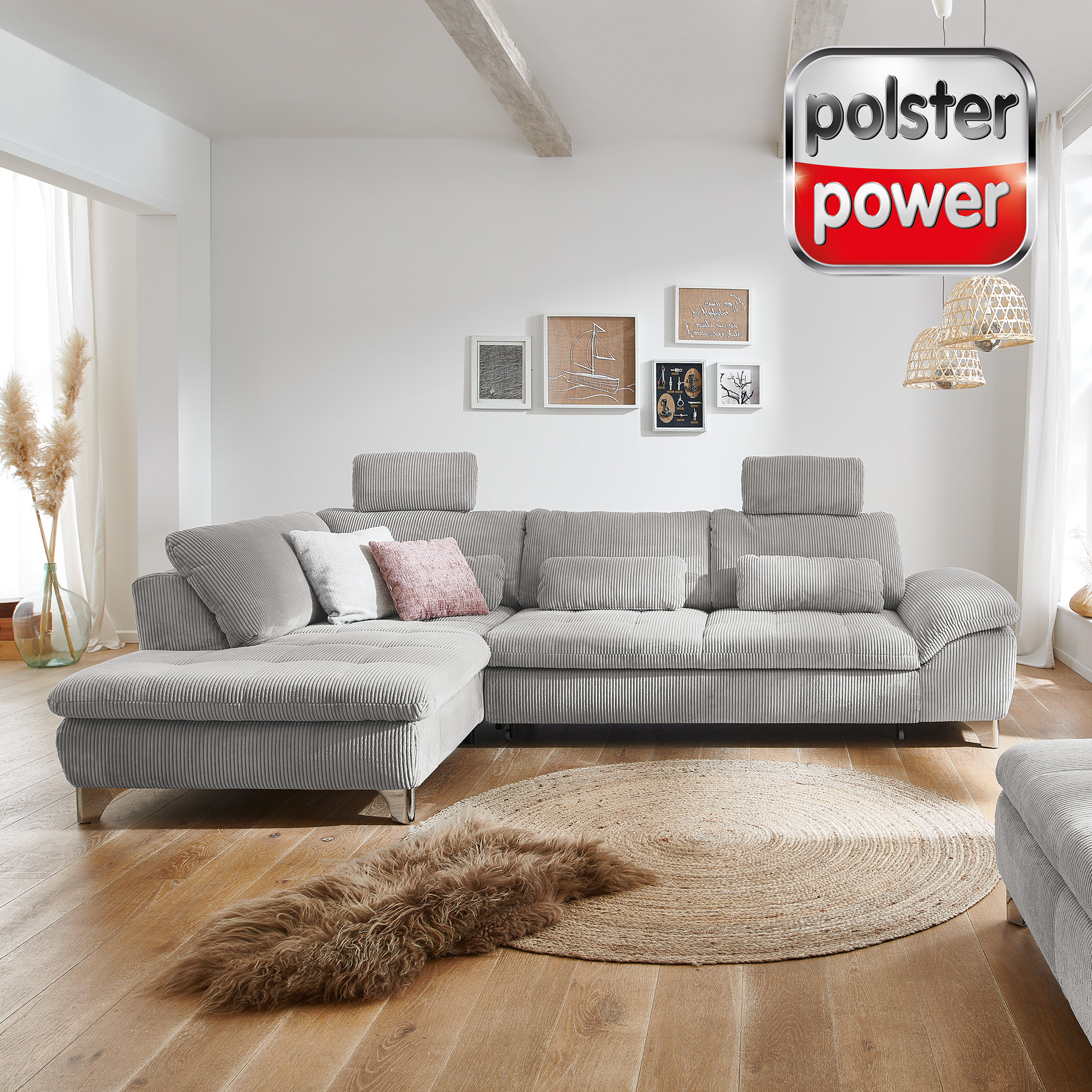polsterpower Ecksofa - grey - mit Funktionen - Anstellhocker links