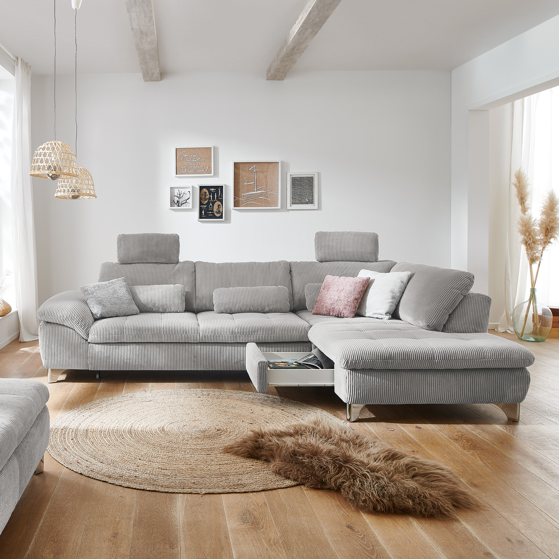 polsterpower Ecksofa   grey   mit Funktionen   Anstellhocker rechts