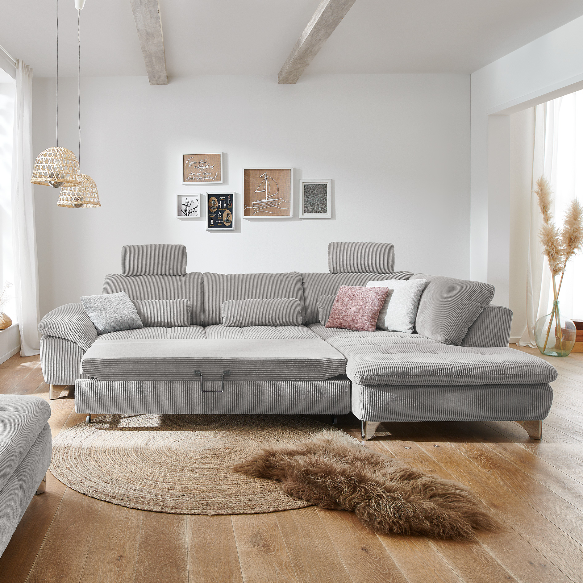 polsterpower Ecksofa - grey - mit Funktionen - Anstellhocker rechts