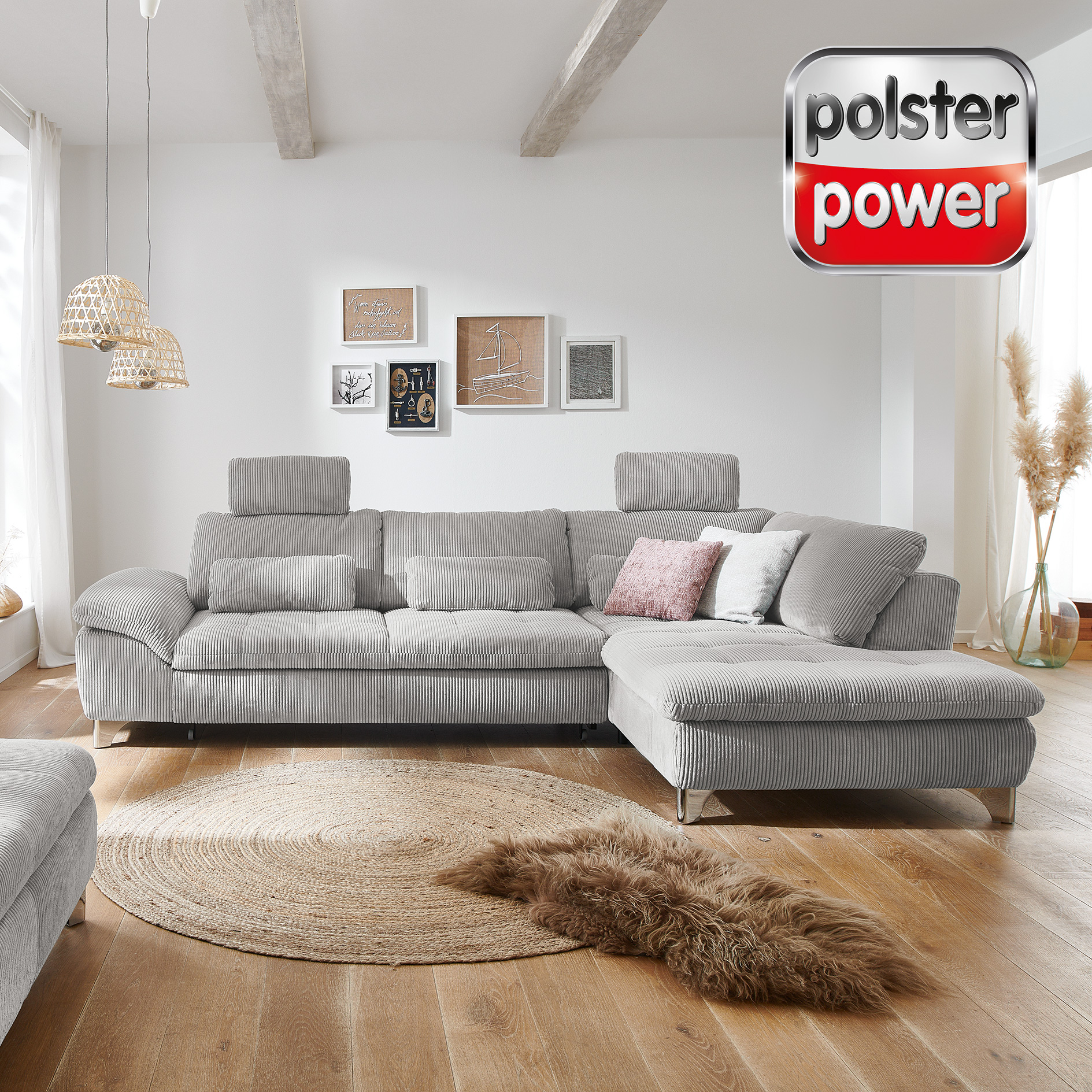 polsterpower Ecksofa - grey - mit Funktionen - Anstellhocker rechts