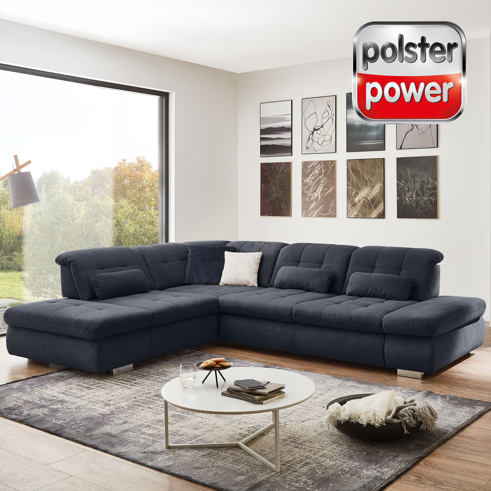 polsterpower Ecksofa - marine - Basismodell - Anstellhocker links