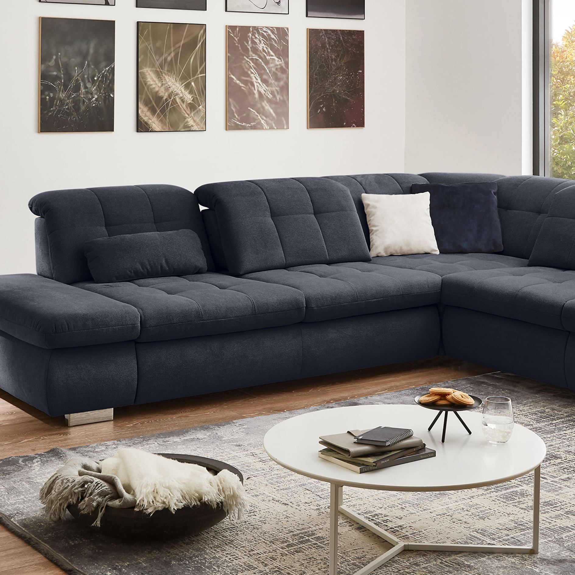 polsterpower Ecksofa - marine - Basismodell - Anstellhocker rechts