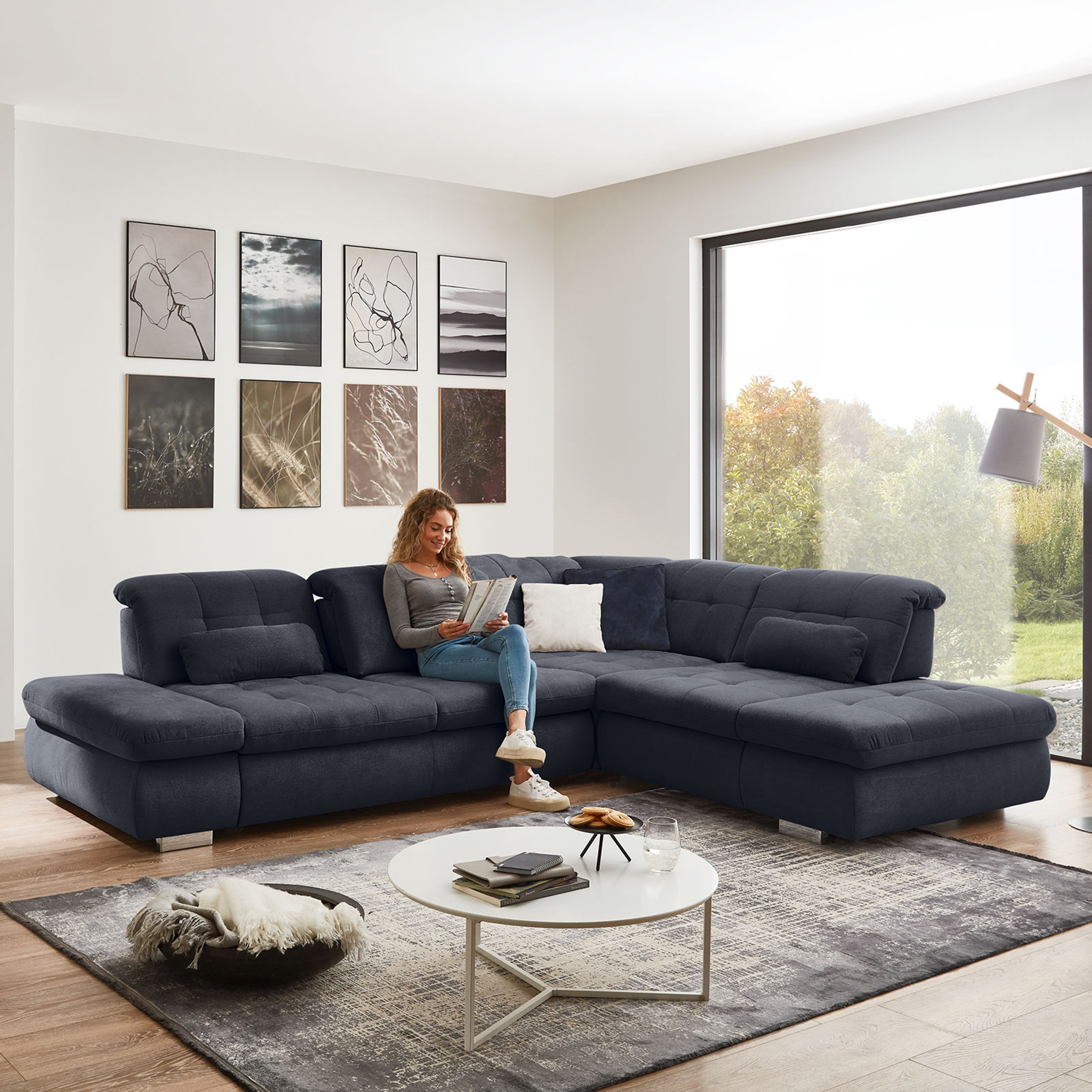 polsterpower Ecksofa - marine - Basismodell - Anstellhocker rechts